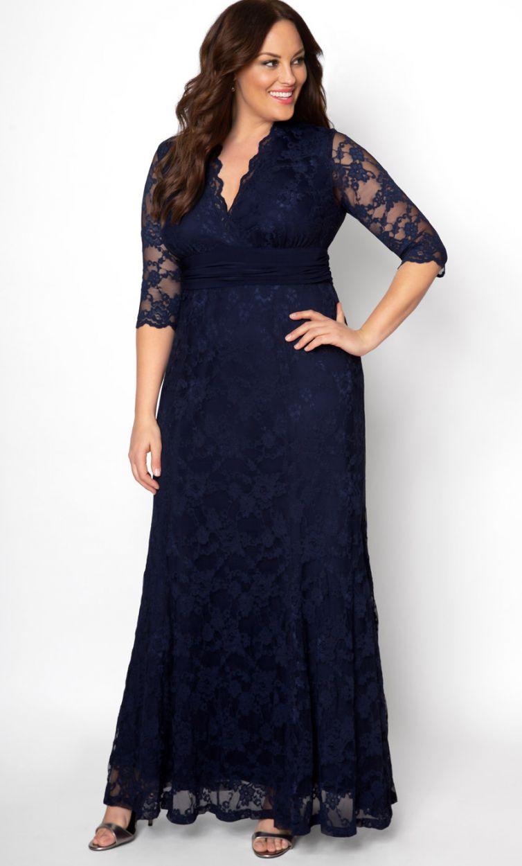ta3 scoopy long sleeve rib mermaid dress sizing Kiyonna Plus Size Screen Siren Lace Evening Gown - Onyx