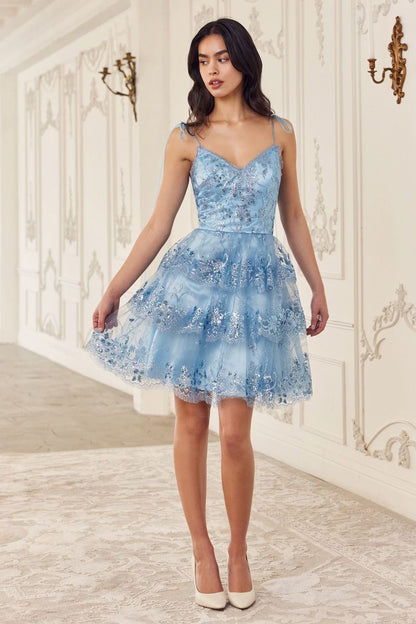 Cocktail Dresses Short A Line Tiered Scalloped Dress Blue