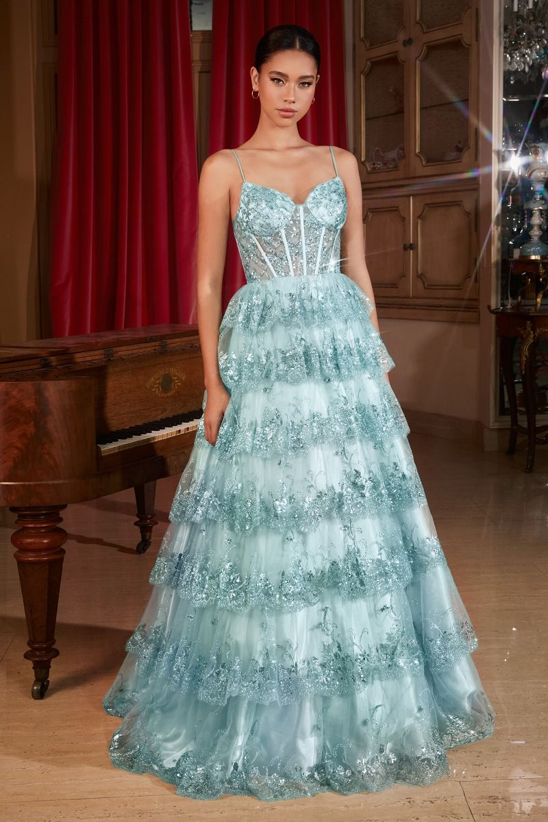 Prom Dresses Layered Sequin Prom Ball Gown Blue