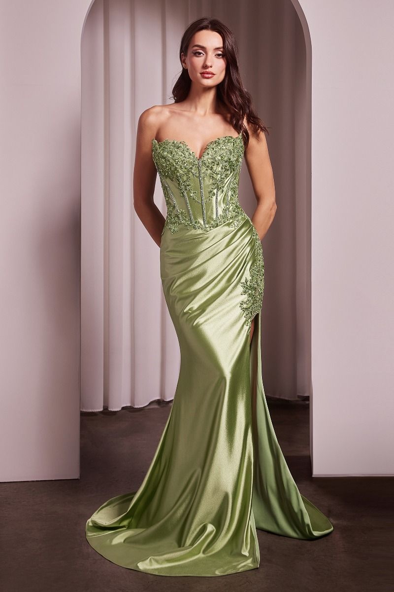Prom Dresses Long Formal Fitted Lace Applique Prom Evening Dress Greenery