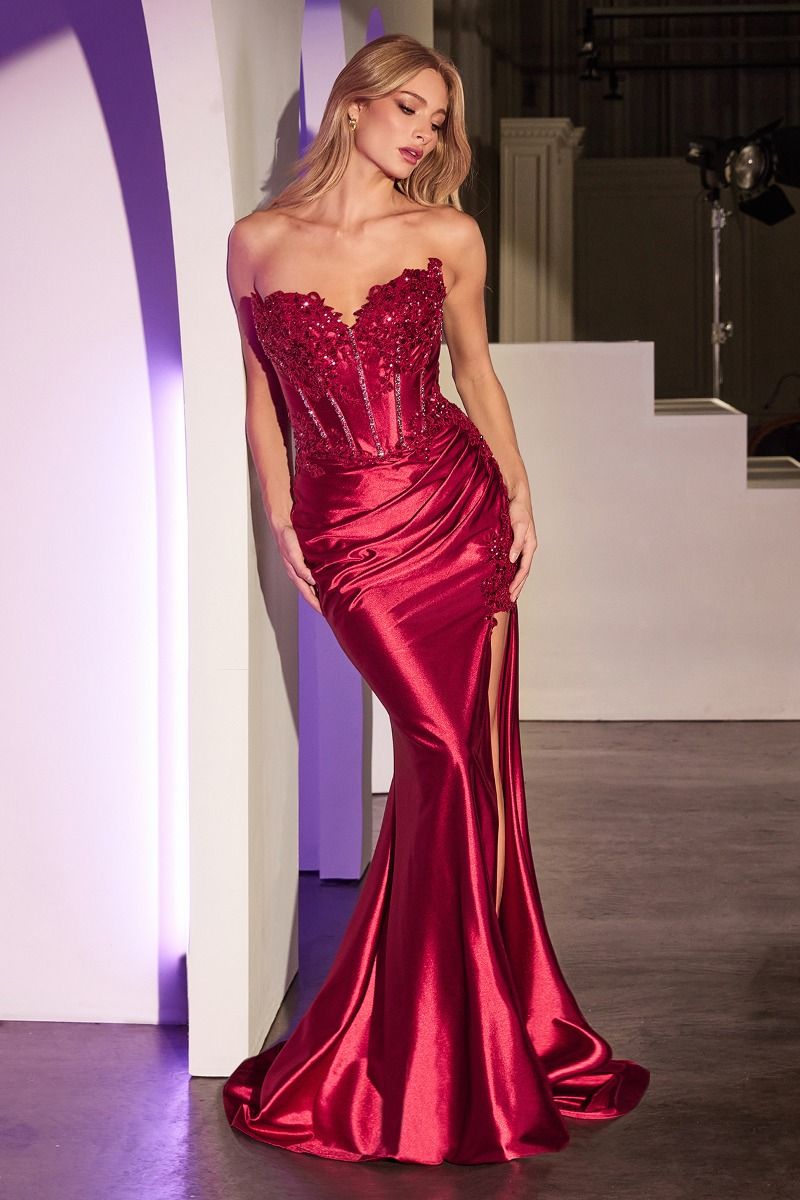 Prom Dresses Long Formal Fitted Lace Applique Prom Evening Dress Red