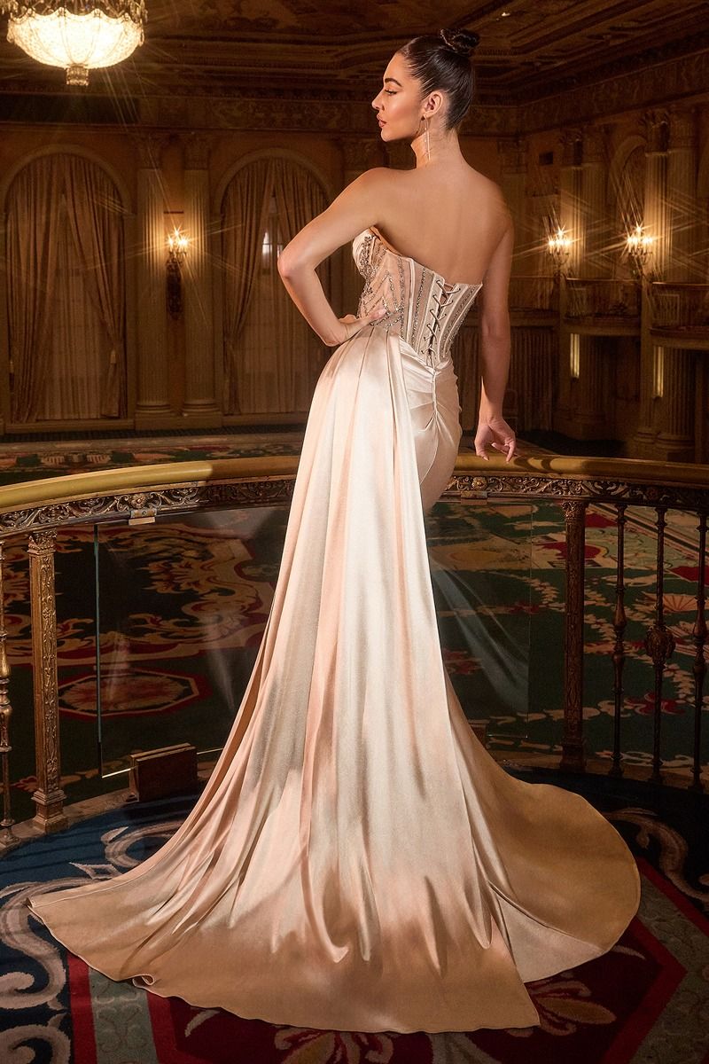 Prom Dresses Long Formal Fitted Corset Beaded Prom Dress Champagne Gold