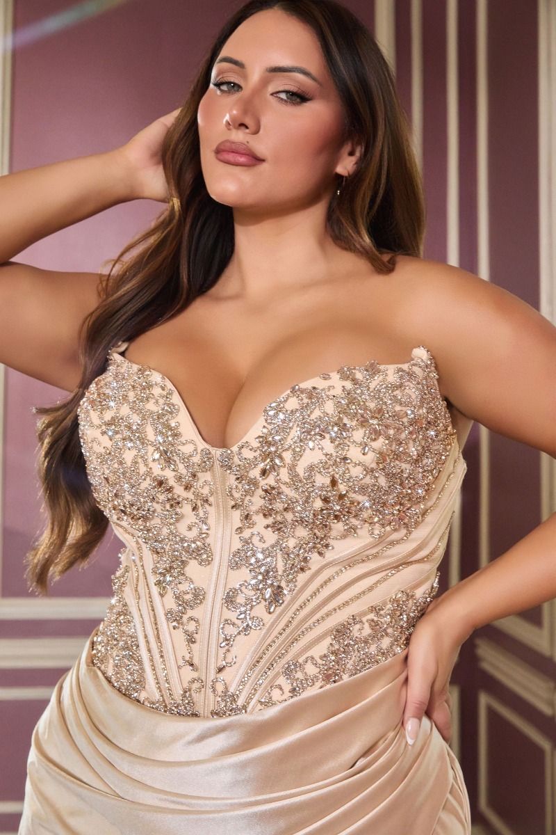Plus Size Dresses Corset Long Formal Beaded Plus Size Dress Champagne