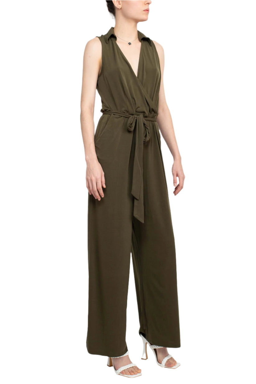 Nina Leonard L11770 Long Formal Collared Tie Waist Jumpsuit