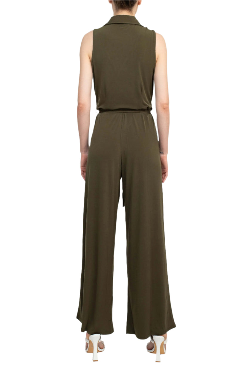 Nina Leonard L11770 Long Formal Collared Tie Waist Jumpsuit