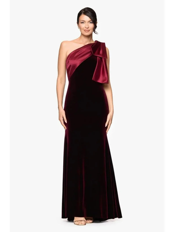 Betsy & Adam A26732Z One-Shoulder Floor-Length Velvet Formal Bow Dress