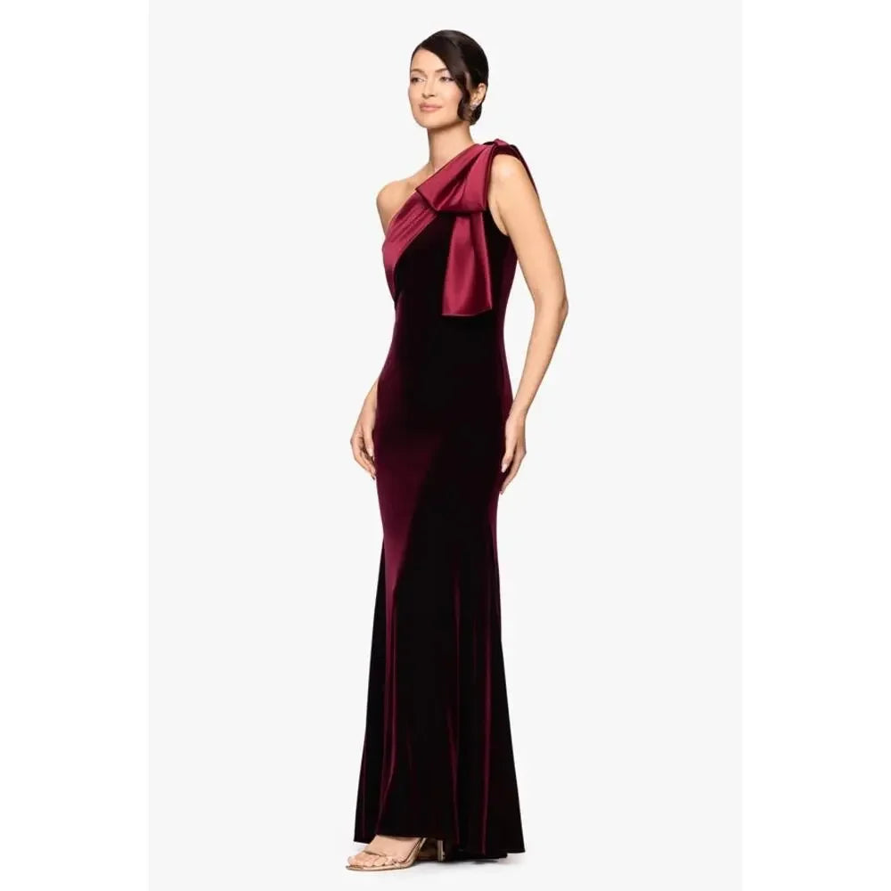 Burgundy Betsy & Adam A26732Z One-Shoulder Floor-Length Velvet Formal Bow Dress