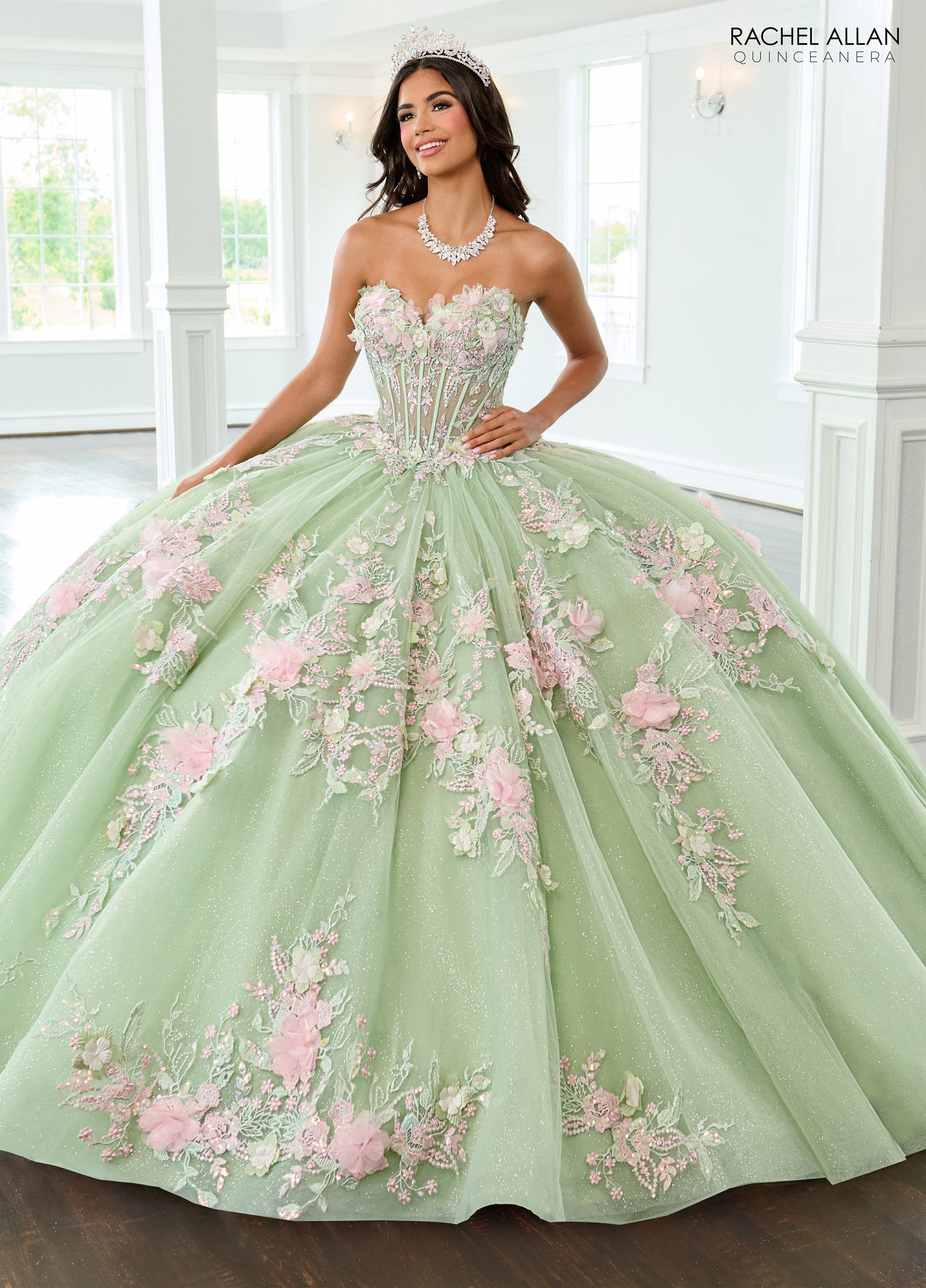 Quinceniera Dresses Ball Gown Glitter Long Floral Quinceanera Dress  Sage Pink
