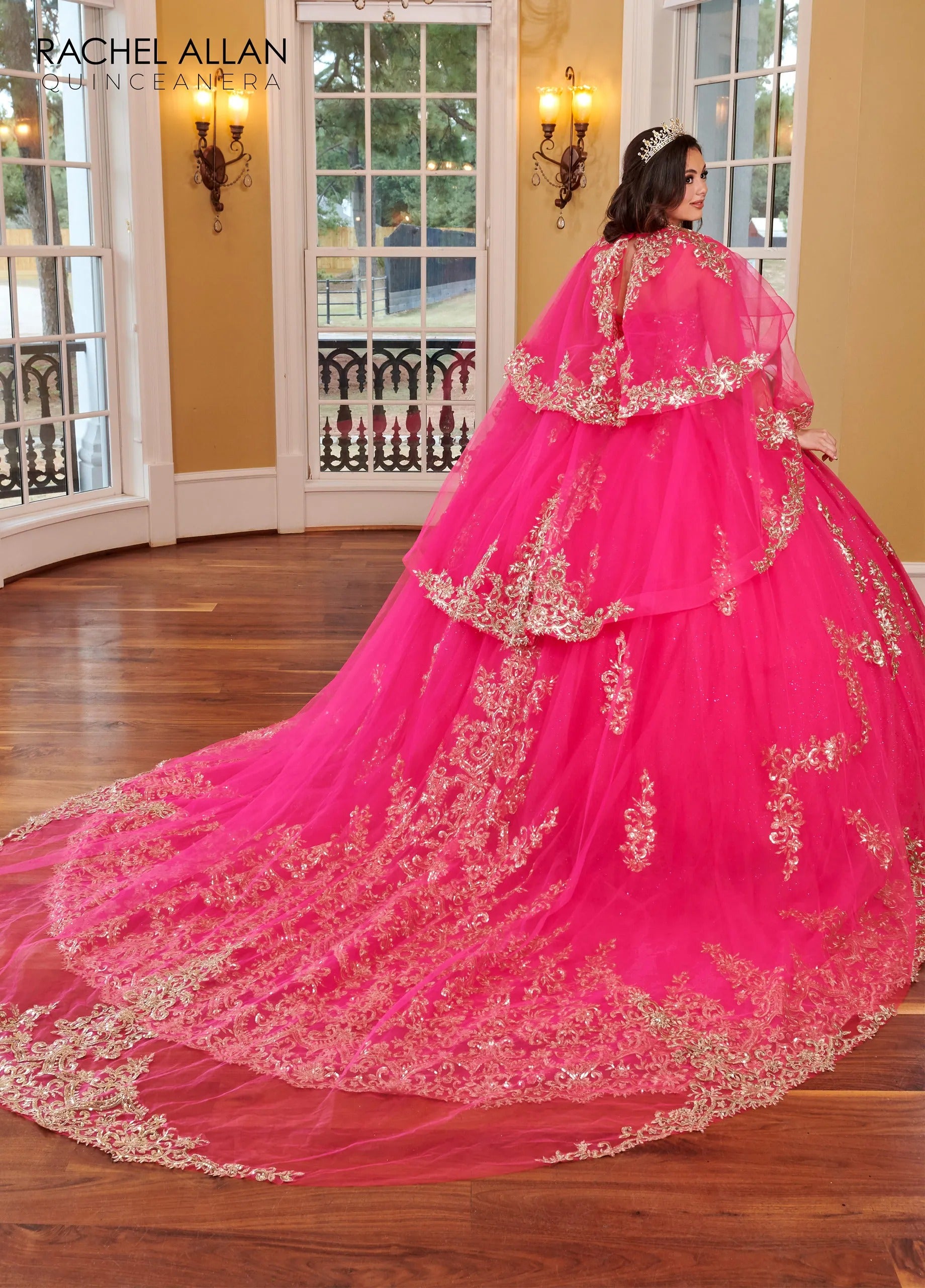 Fuchsia Gold Sweetheart Floor Length Glitter Tulle Quinceanera Ball Gown with Cathedral Train Rachel Allan RQ2170