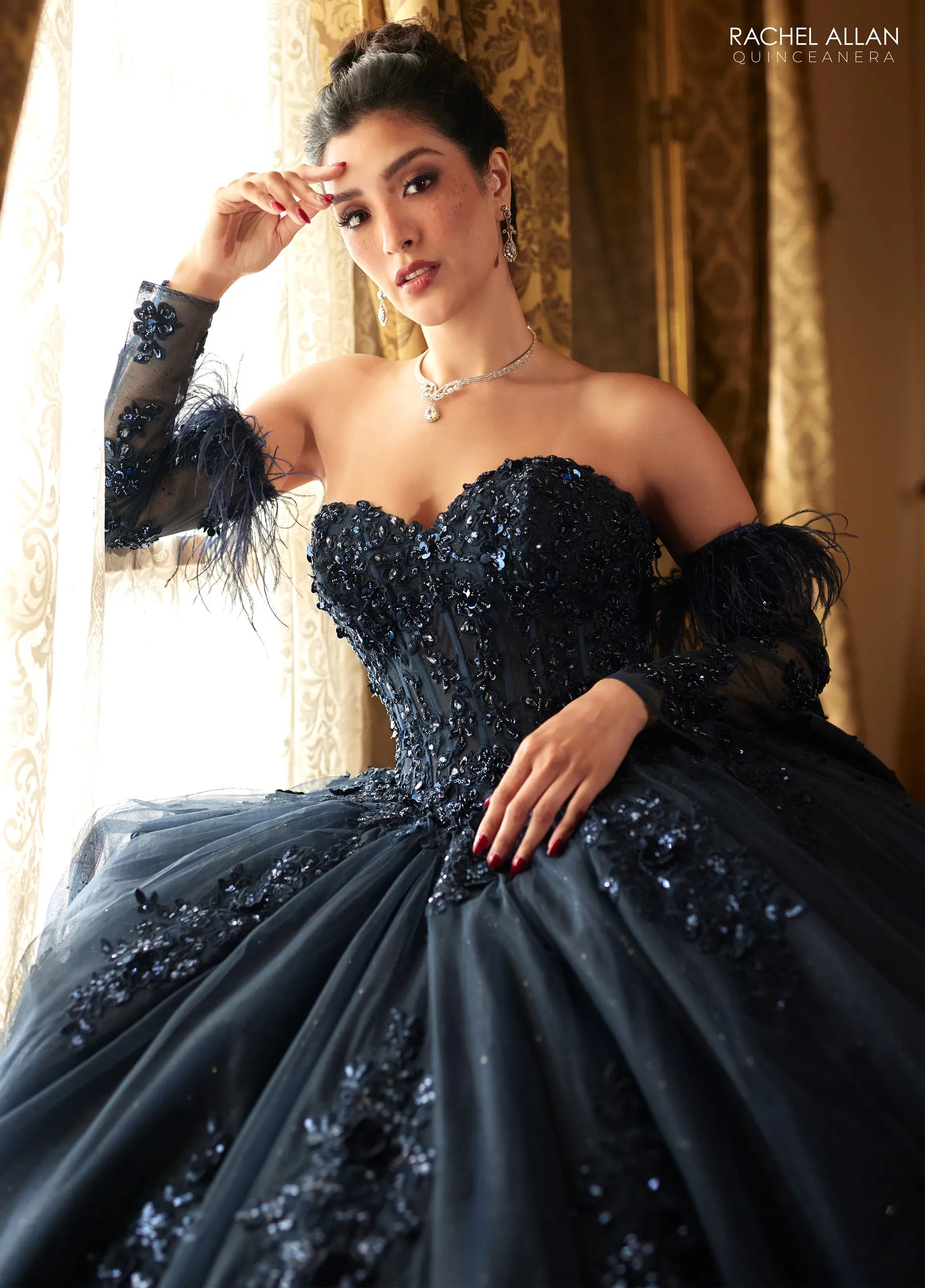 Navy Sweetheart Floor-Length Glitter Tulle Quinceanera Ball Gown with Detachable Feather Sleeves Rachel Allan RQ2171