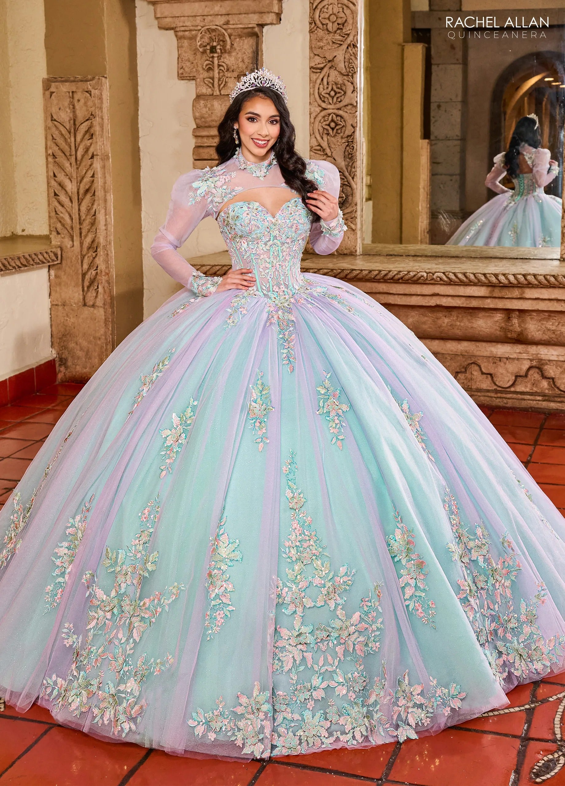 Lilac Aqua Sweetheart Floor Length Glitter Tulle Quinceanera Ball Gown Rachel Allan RQ2200