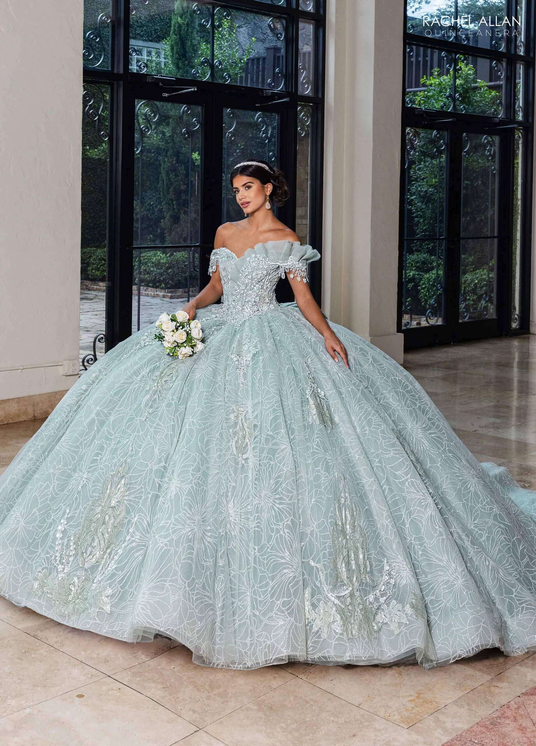 Mist Off the Shoulder Floor-Length Glitter Tulle Quinceanera Ball Gown with Detachable Bow Rachel Allan RQ2246