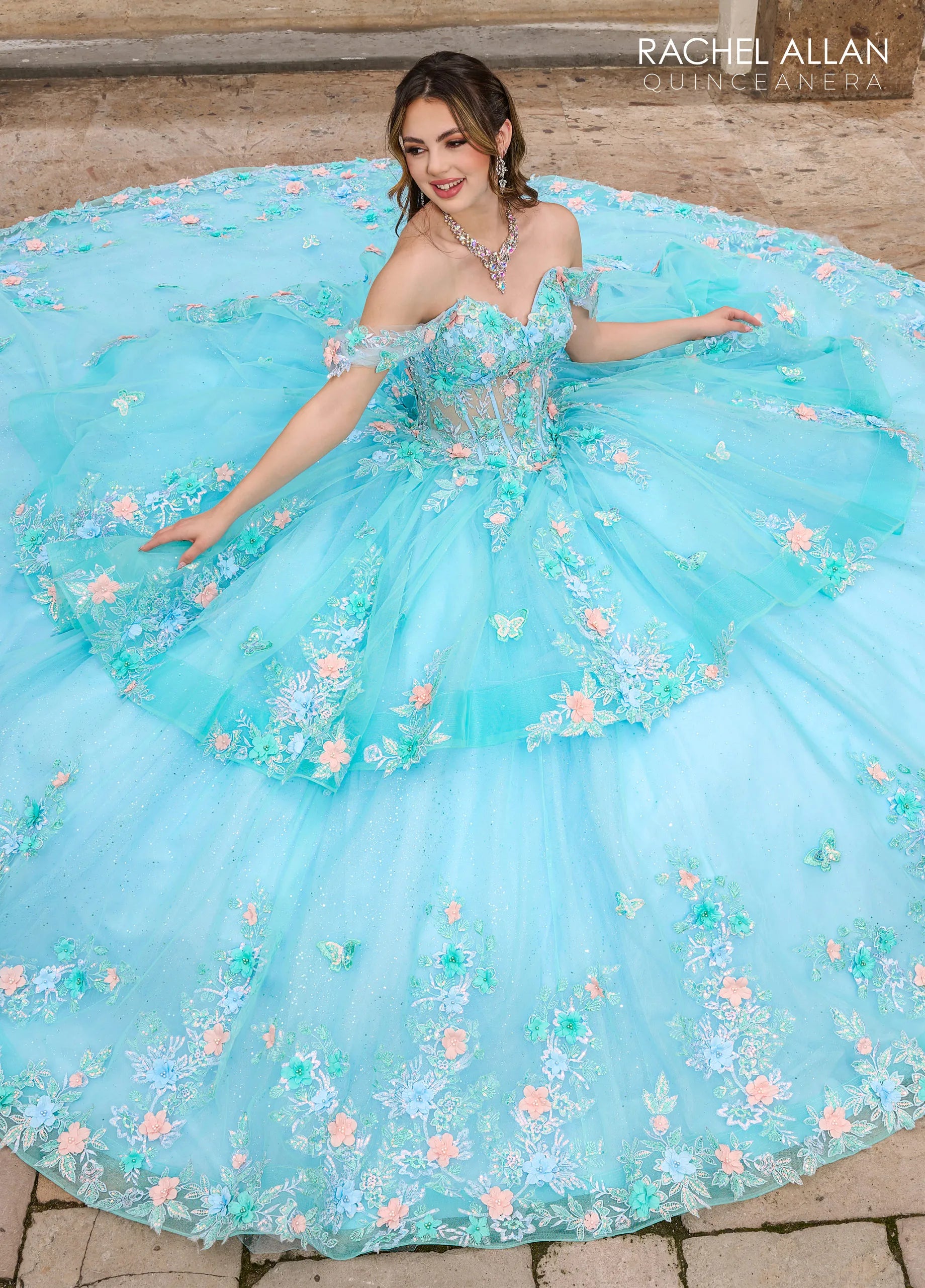 Aqua Light Blue Multi Off-the-Shoulder Floor-Length Glitter Tulle Quinceanera Ball Gown with Sweetheart Corset Bodice Rachel Allan RQ2179