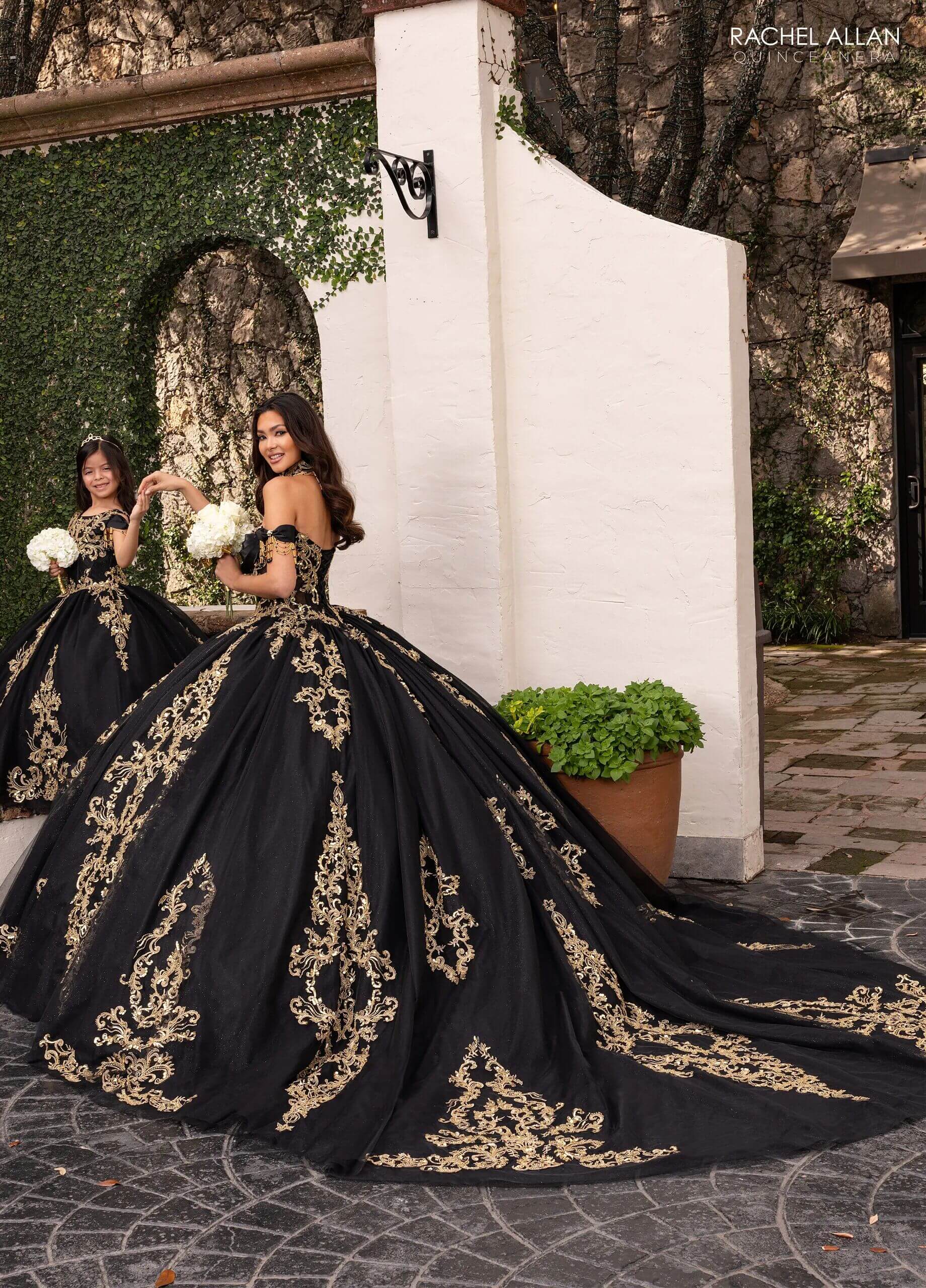 Black Gold Off the Shoulder Floor Length Glitter Tulle Quinceanera Ball Gown with Regal Applique Detachable Necklace and Bodice Liner Rachel Allan RQ2230