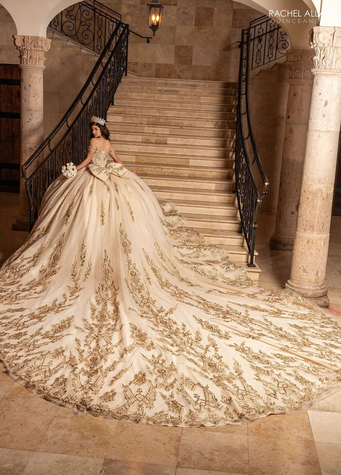 Champagne Gold Off the Shoulder Floor Length Glitter Tulle Quinceanera Ball Gown Rachel Allan RQ2247