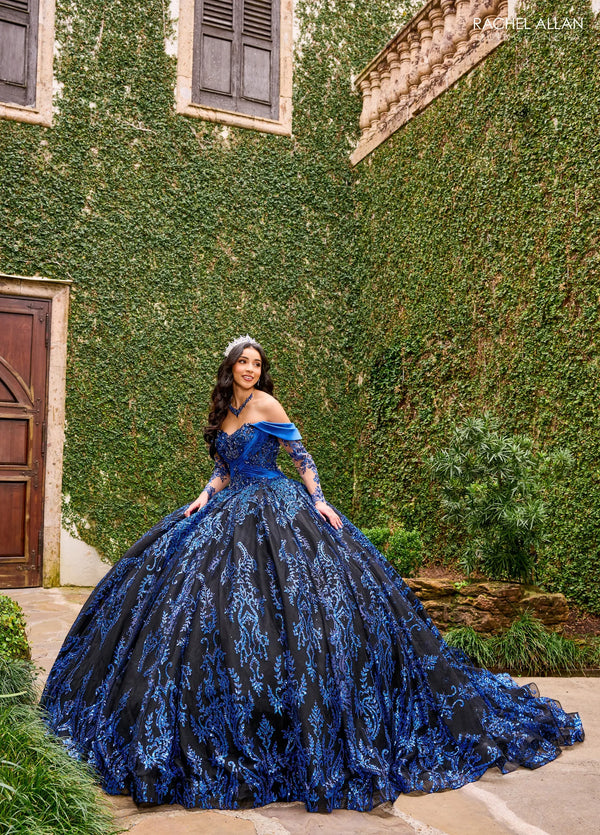 Off the Shoulder Floor Length Glitter Tulle Quinceanera Ball Gown with Embroidered Applique Rachel Allan RQ2194