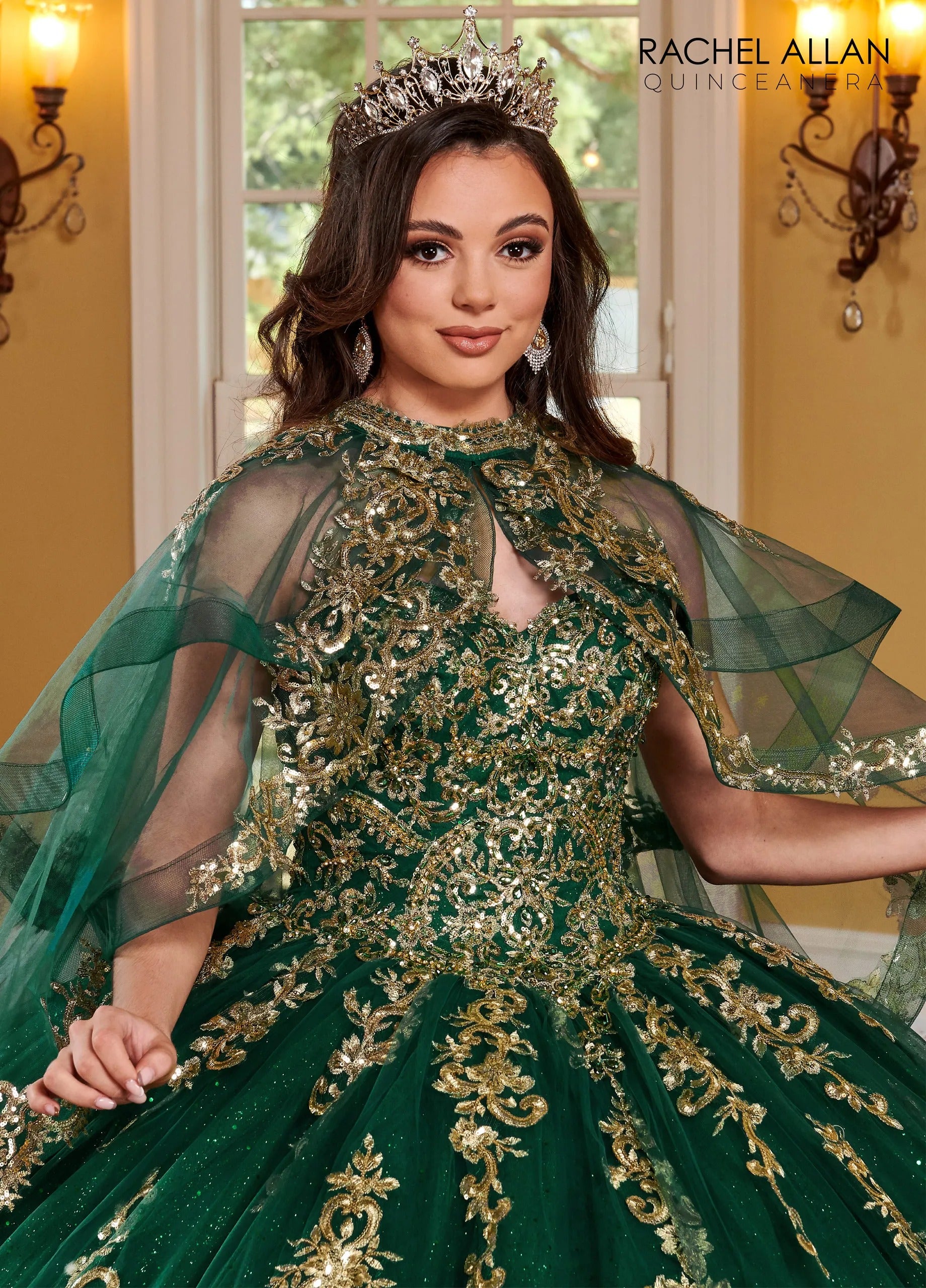 Emerald Gold Sweetheart Floor Length Glitter Tulle Quinceanera Ball Gown with Cathedral Train Rachel Allan RQ2170
