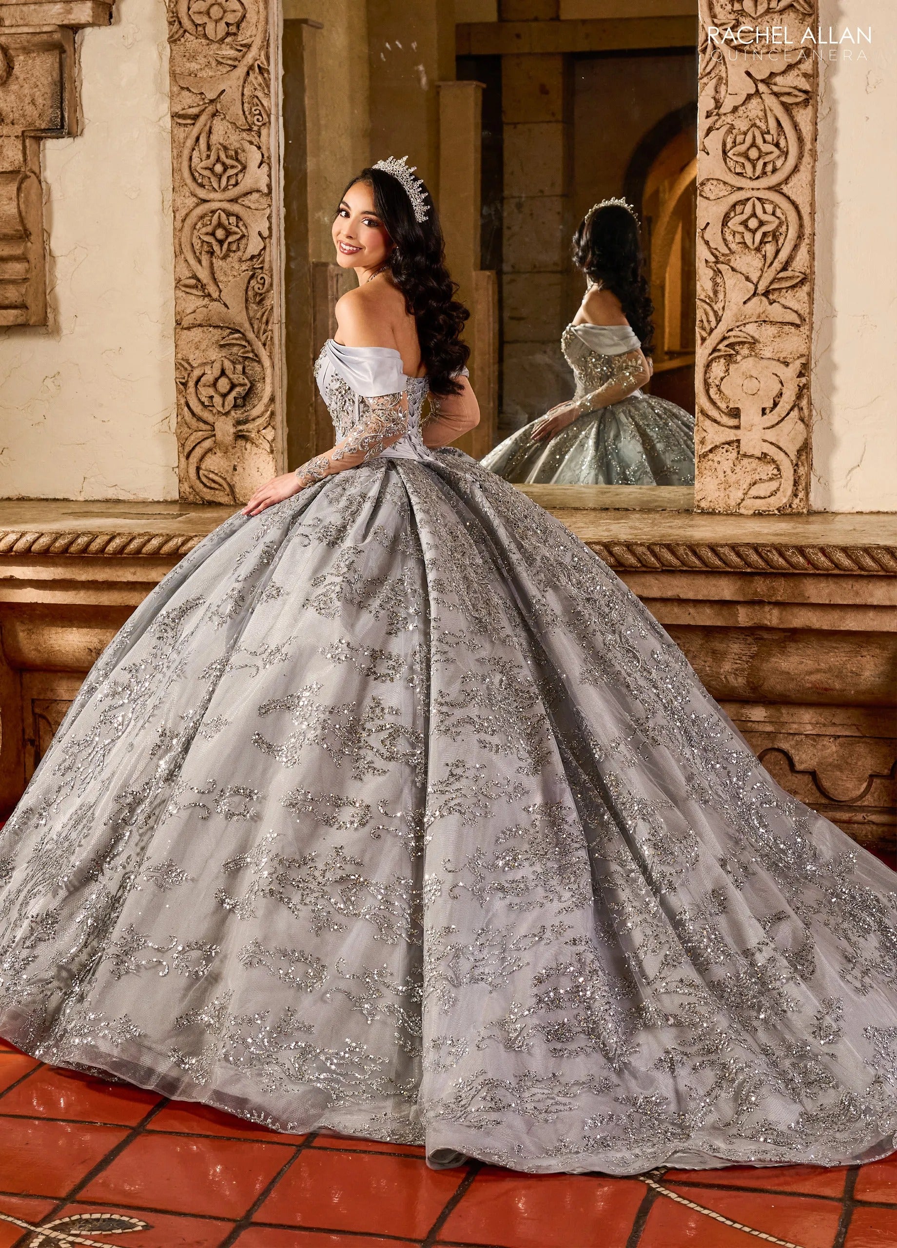 Silver Off the Shoulder Floor Length Glitter Tulle Quinceanera Ball Gown with Embroidered Applique Rachel Allan RQ2194