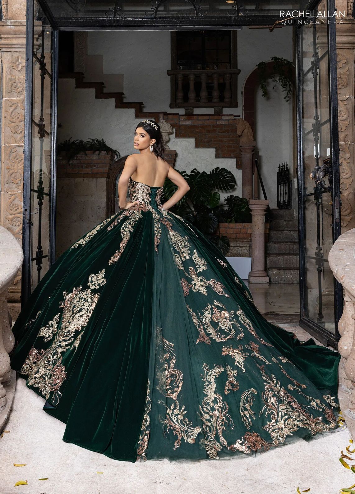 Emerald Gold Sweetheart Floor Length Velvet Quinceanera Ball Gown with Metallic Embroidery Rachel Allan RQ3160