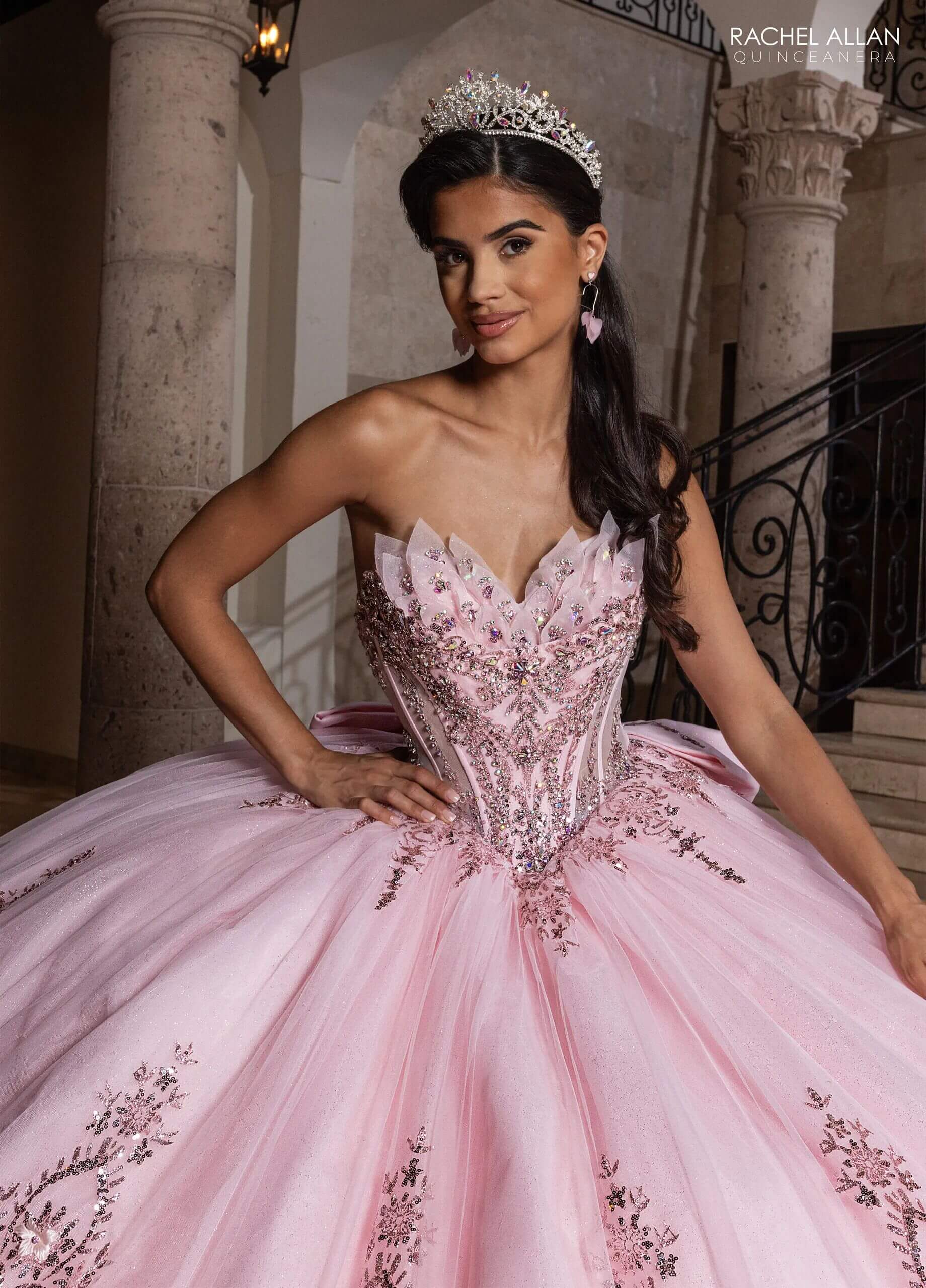 Light Pink Off the Shoulder Floor Length Glitter Tulle Quinceanera Ruffle Hem Ball Gown Rachel Allan RQ2243