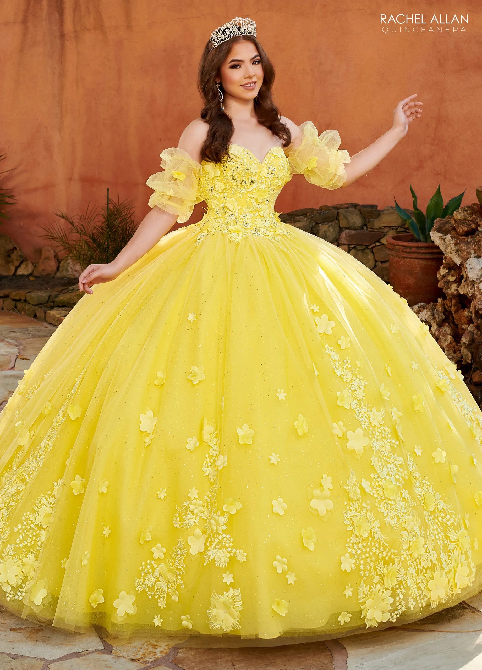 Yellow Sweetheart Floor Length Tulle Quinceanera Ball Gown with 3D Flowers and Puff Sleeves Rachel Allan MQ2159