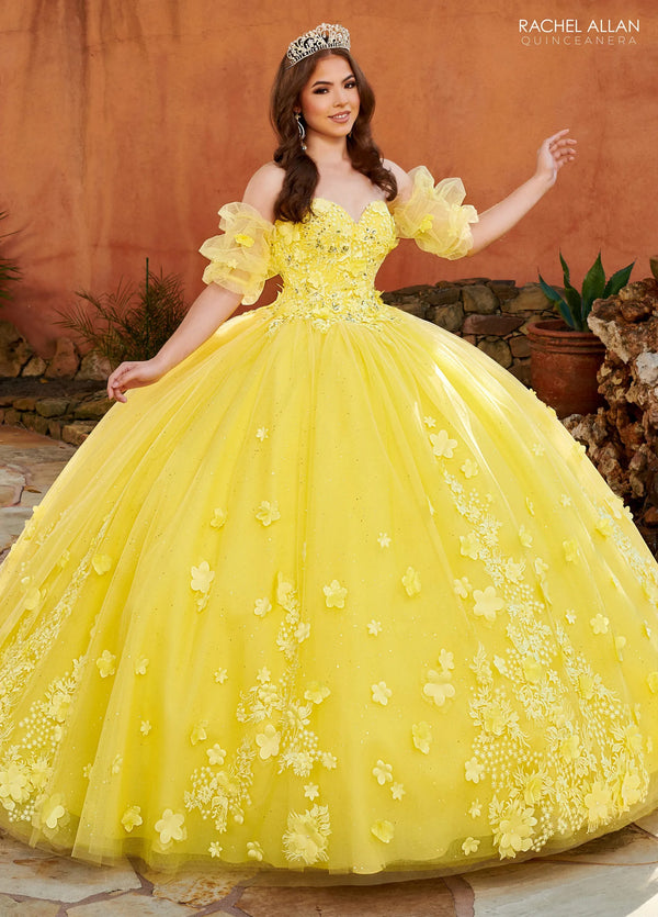 Sweetheart Floor Length Tulle Quinceanera Ball Gown with 3D Flowers and Puff Sleeves Rachel Allan MQ2159