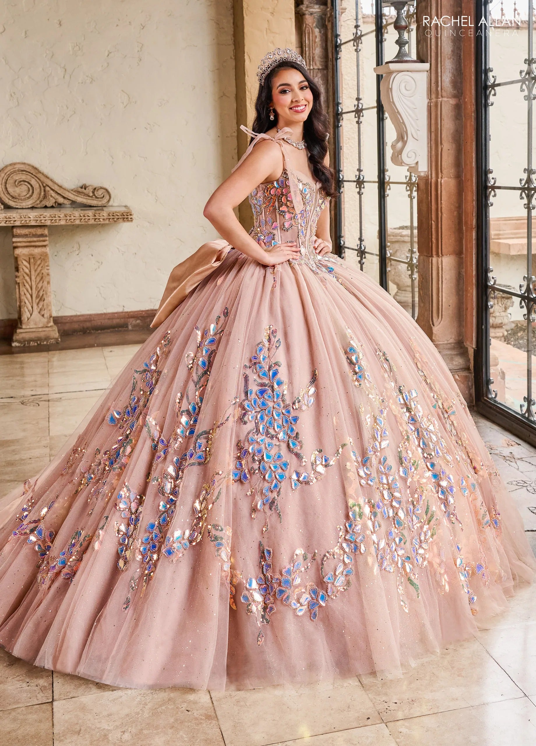 Latte Sweetheart Floor Length Glitter Tulle Quinceanera Ball Gown with Sheer Embroidered Bodice Rachel Allan RQ2203