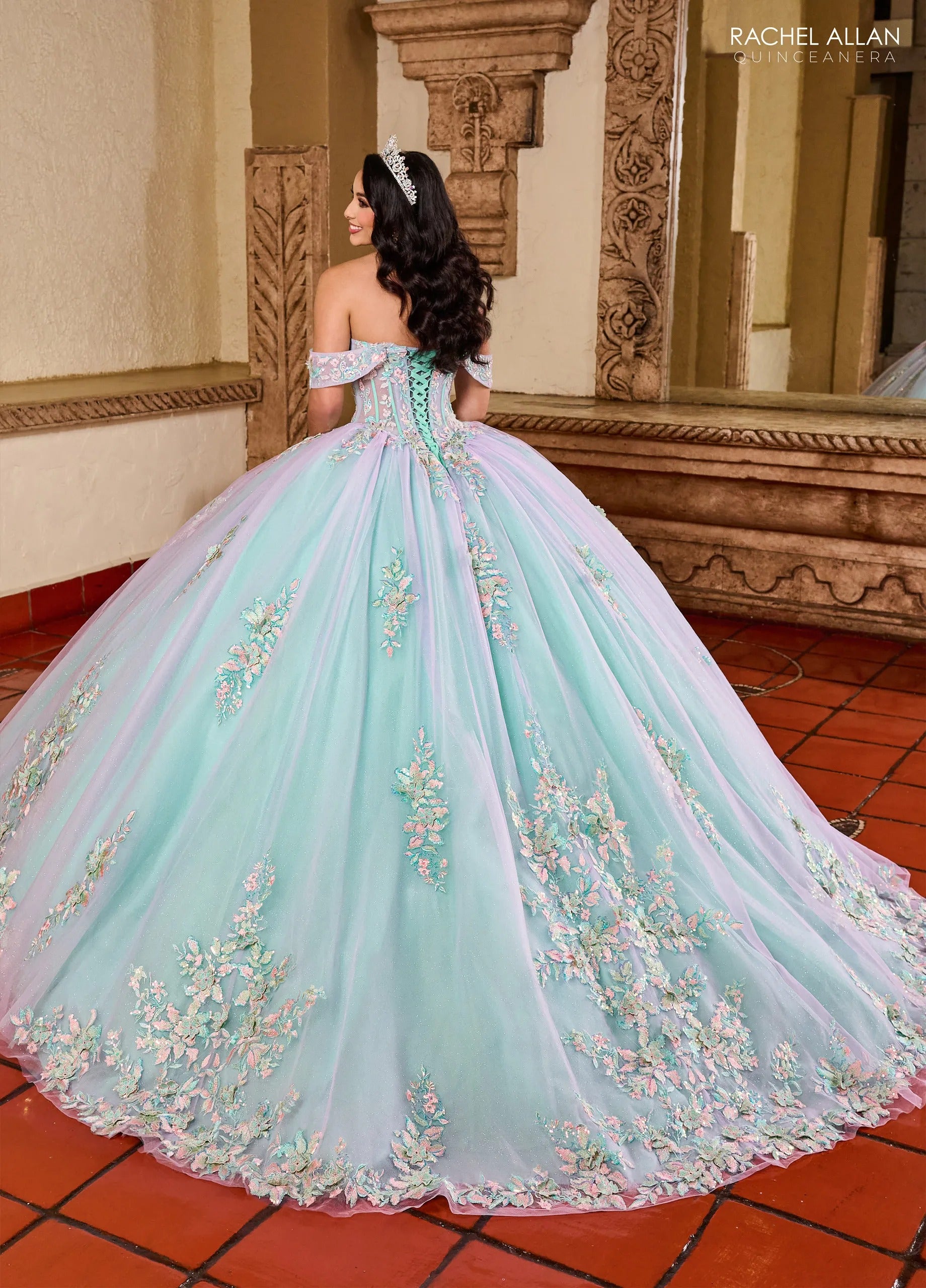 Lilac Aqua Sweetheart Floor Length Glitter Tulle Quinceanera Ball Gown Rachel Allan RQ2200
