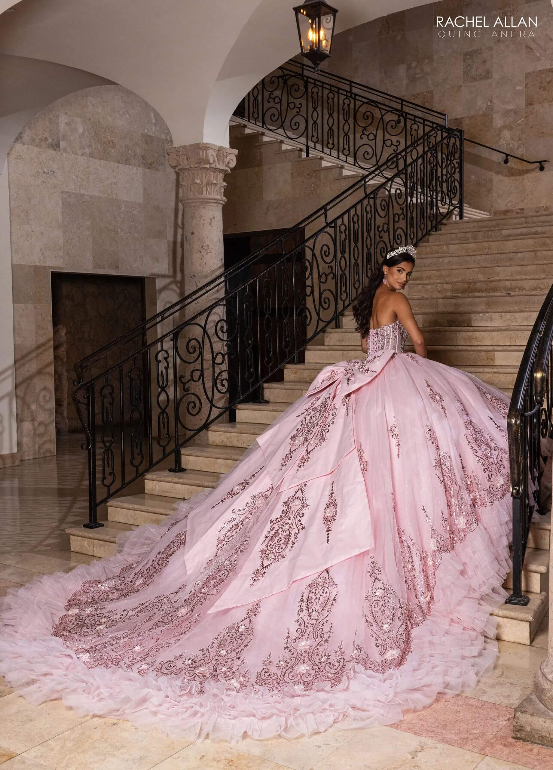 Light Pink Off the Shoulder Floor Length Glitter Tulle Quinceanera Ruffle Hem Ball Gown Rachel Allan RQ2243