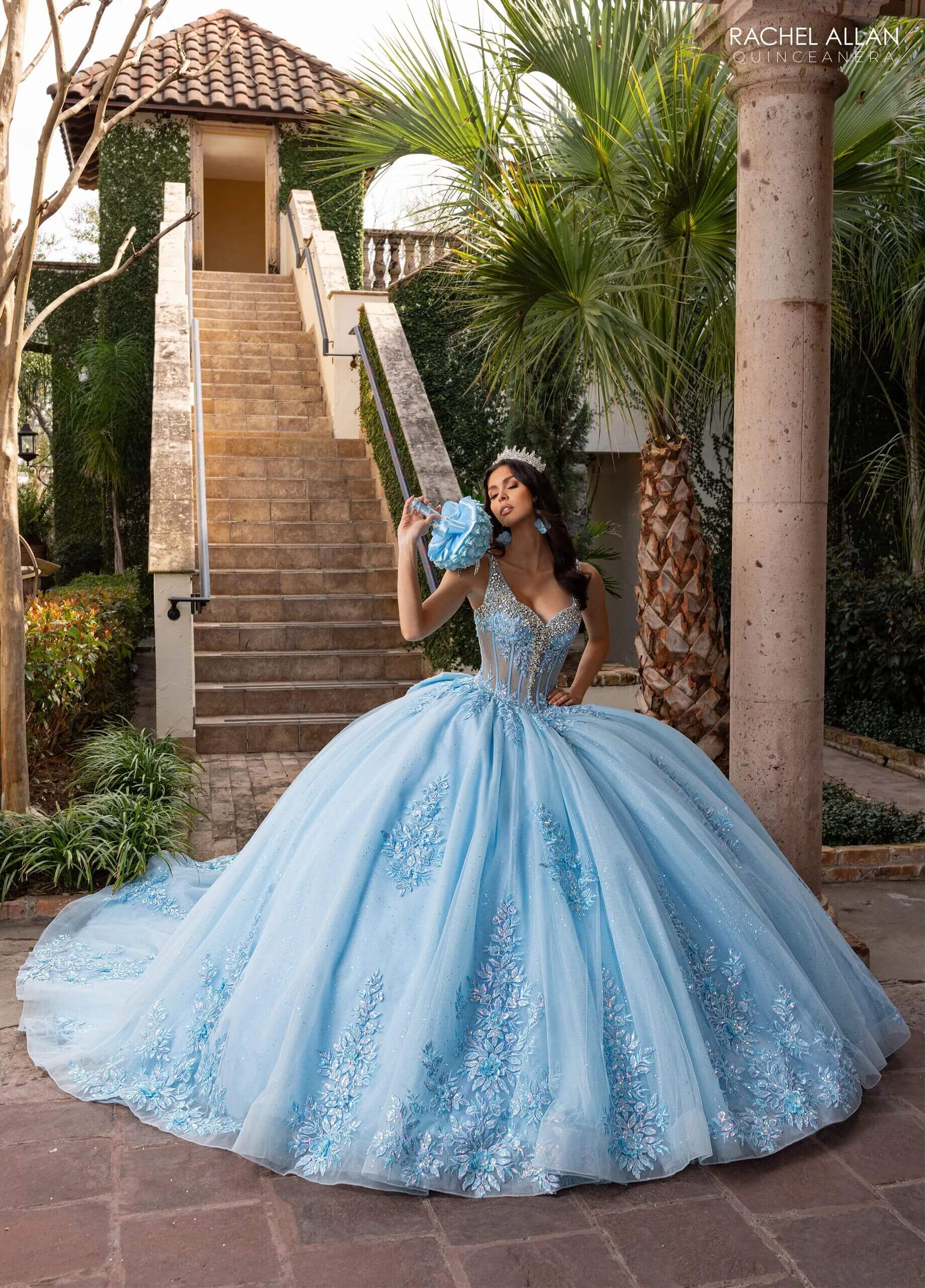 Soft Sky Blue Sweetheart Floor Length Glitter Tulle Quinceanera Ball Gown with Tiered Overskirt and Corset Overlay Rachel Allan RQ3158