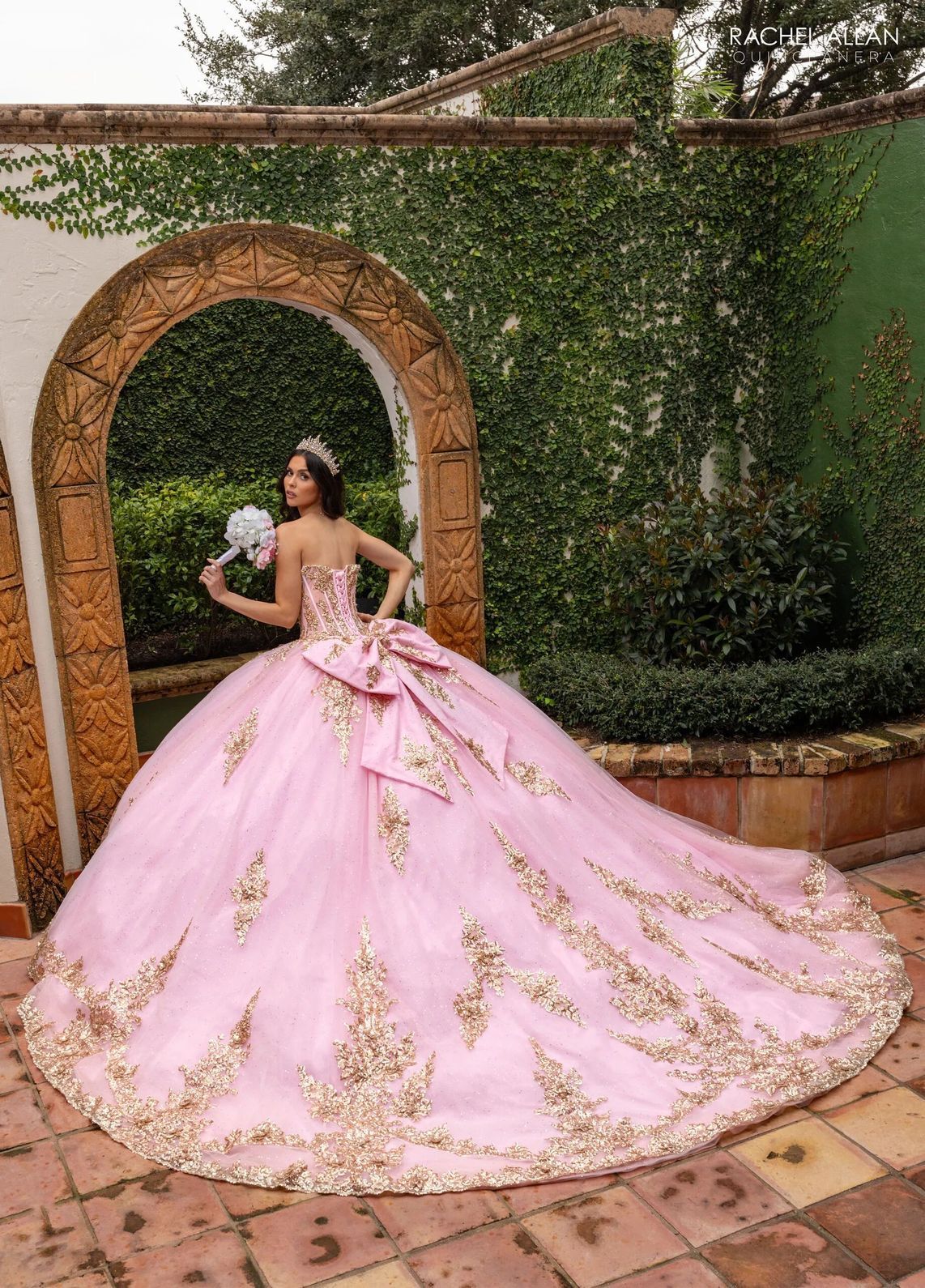 Blush Gold Sweetheart Floor Length Glitter Tulle Quinceanera Ball Gown with 3D Floral Applique Rachel Allan RQ2225