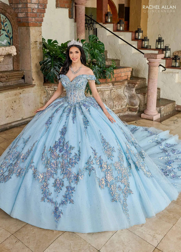 Off the Shoulder Floor-Length Glitter Tulle Quinceanera Ball Gown with Embroidered Appliqué Train Rachel Allan RQ2205