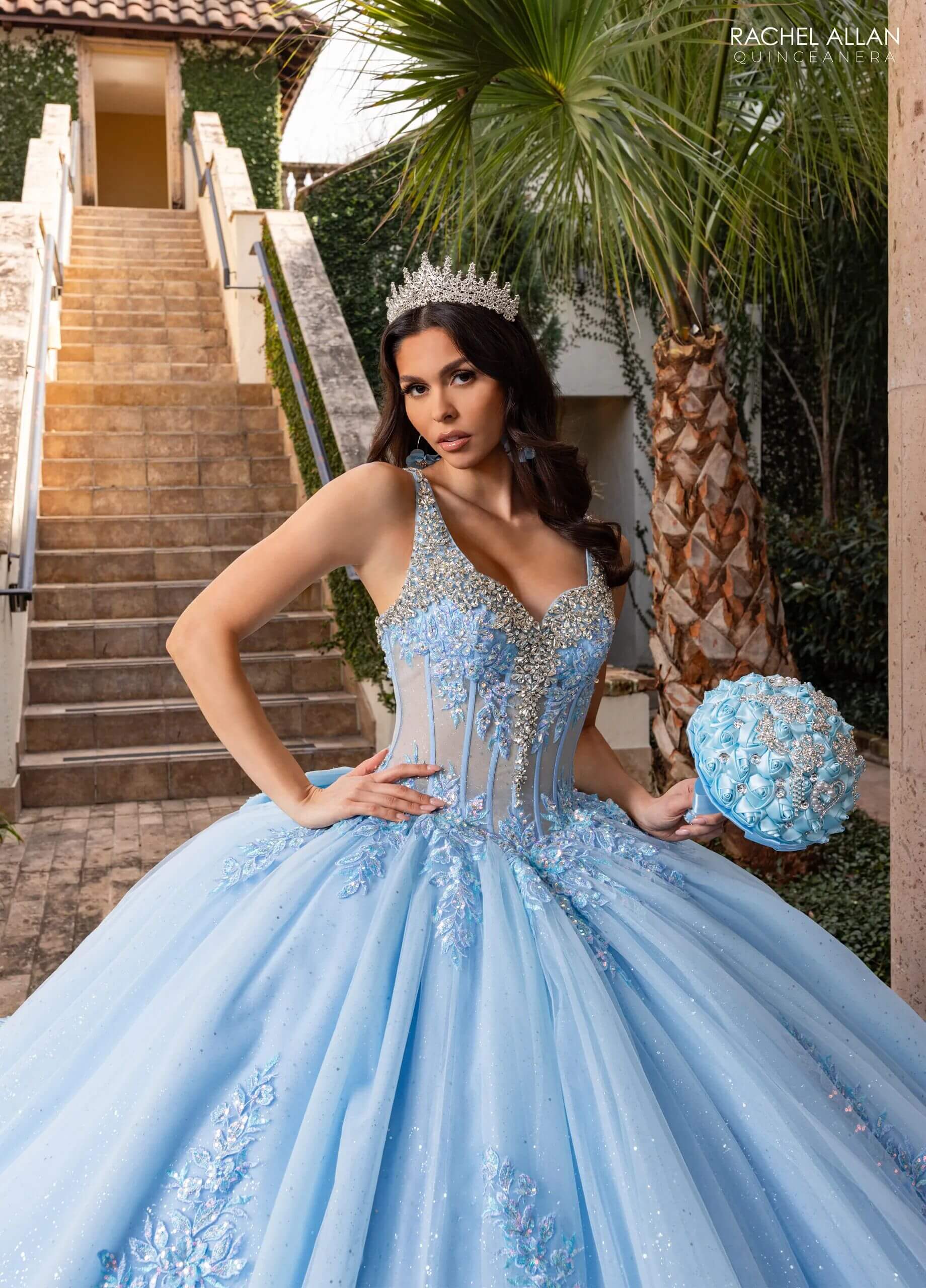 Soft Sky Blue Sweetheart Floor Length Glitter Tulle Quinceanera Ball Gown with Tiered Overskirt and Corset Overlay Rachel Allan RQ3158