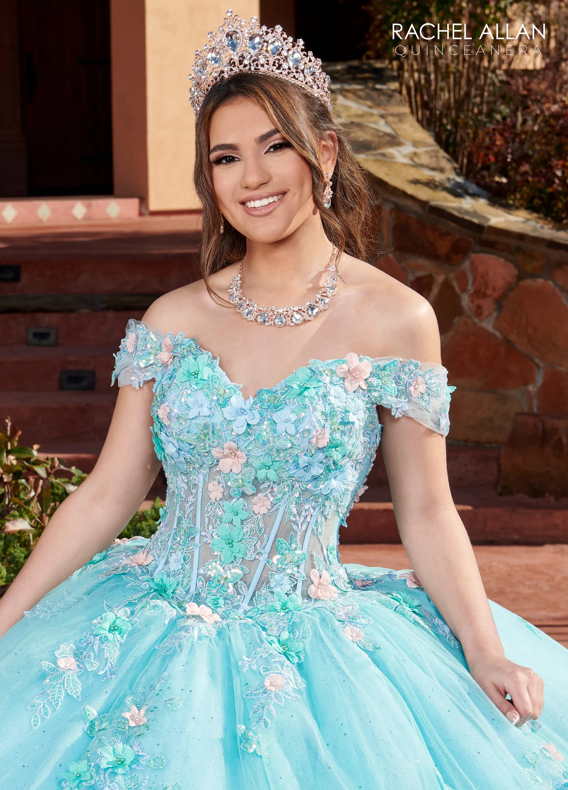 Aqua Light Blue Multi Off-the-Shoulder Floor-Length Glitter Tulle Quinceanera Ball Gown with Sweetheart Corset Bodice Rachel Allan RQ2179