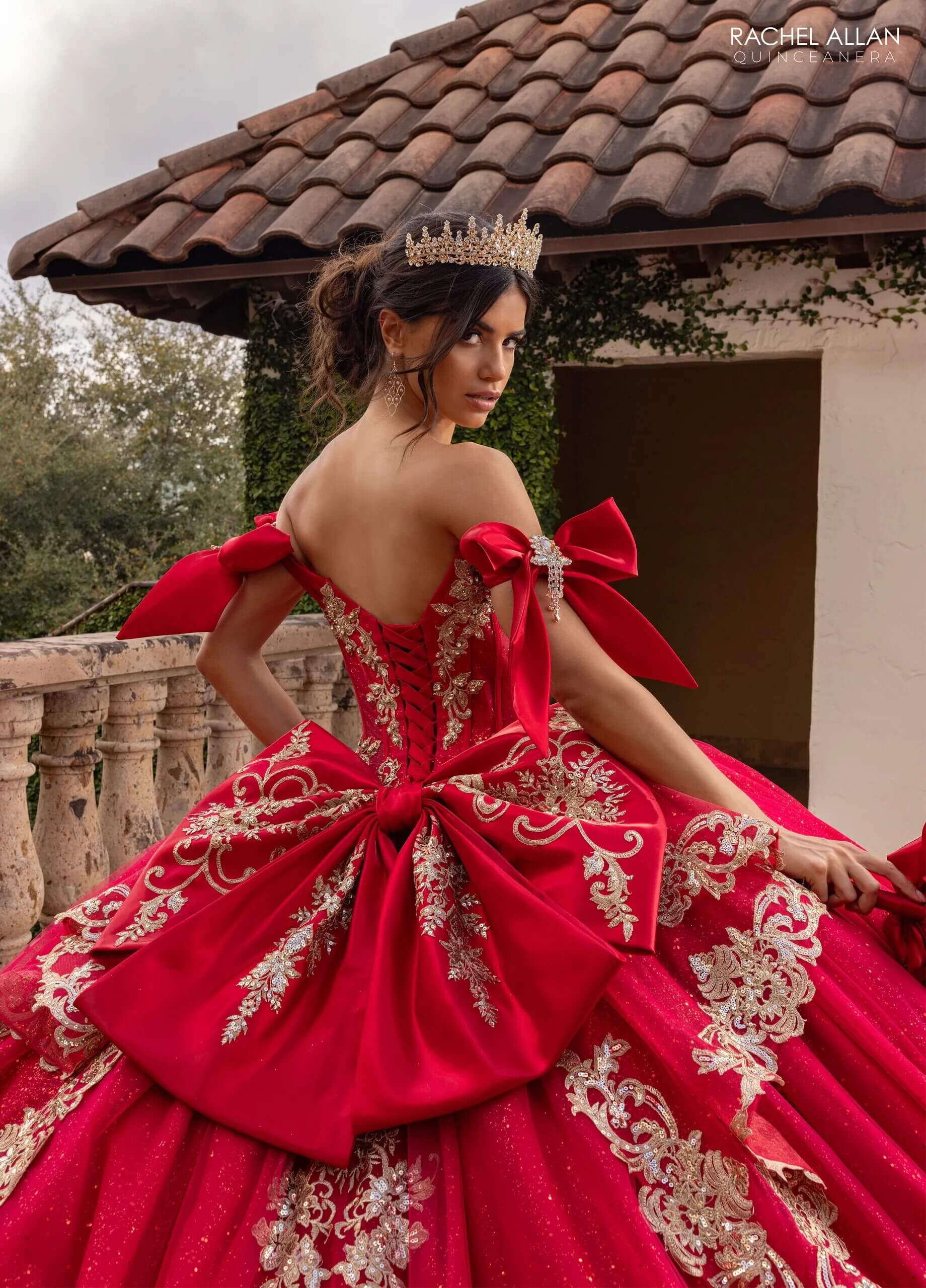Red Gold Off the Shoulder Floor Length Glitter Tulle Quinceanera Ball Gown with 3D Floral Appliques and Detachable Rachel Allan RQ3155