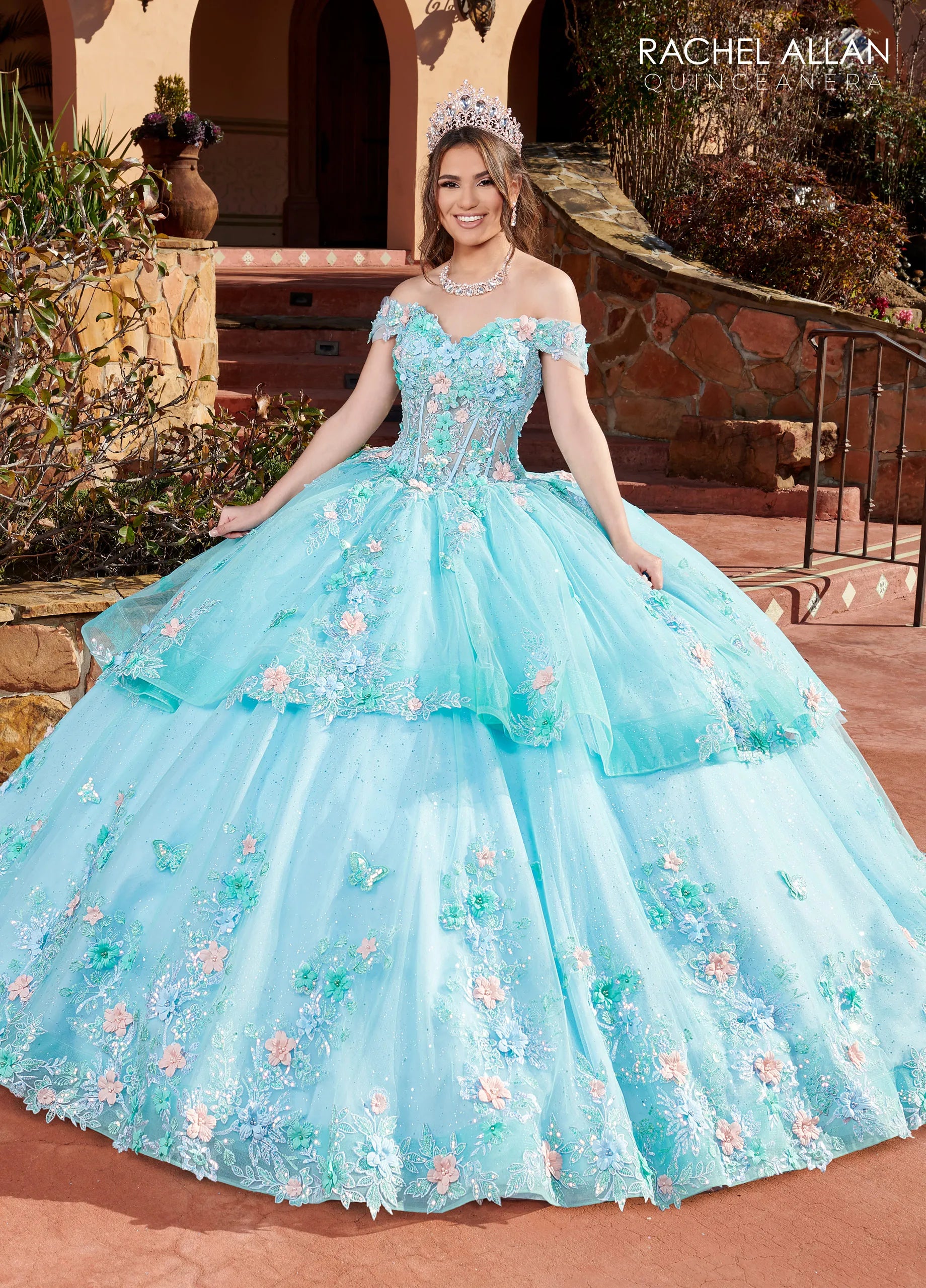 Aqua Light Blue Multi Off-the-Shoulder Floor-Length Glitter Tulle Quinceanera Ball Gown with Sweetheart Corset Bodice Rachel Allan RQ2179