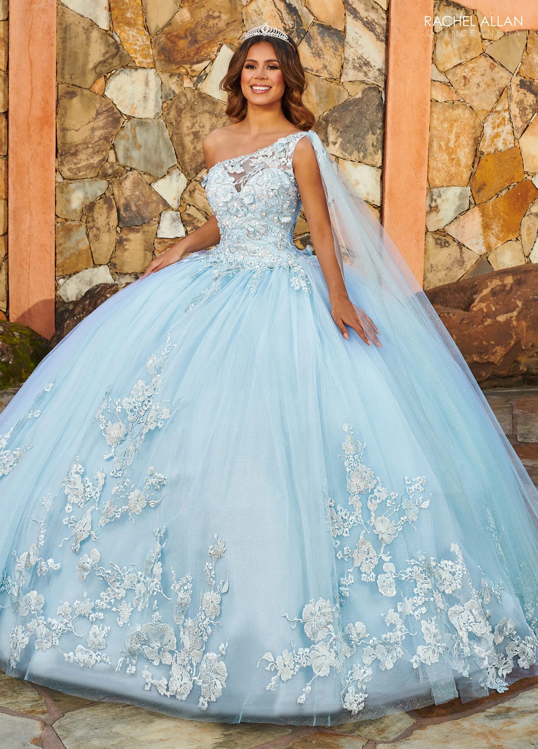 Light Blue One Shoulder Floor Length Glitter Tulle Quinceanera Ball Gown with Detachable Cape Rachel Allan MQ2152