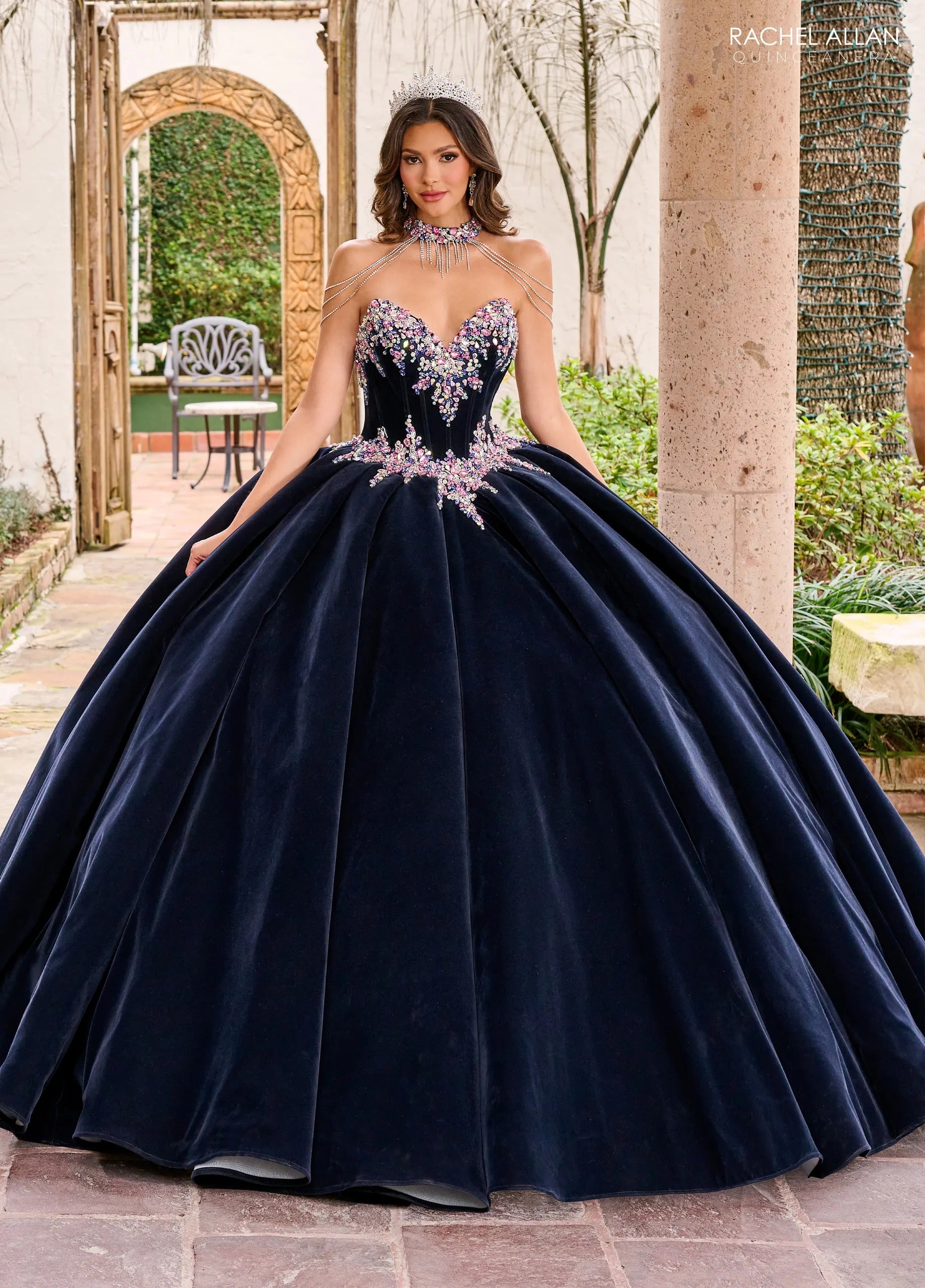 Navy Multi Sweetheart Floor Length Velvet Quinceanera Ball Gown with Floral Embroidery Rachel Allan RQ2198