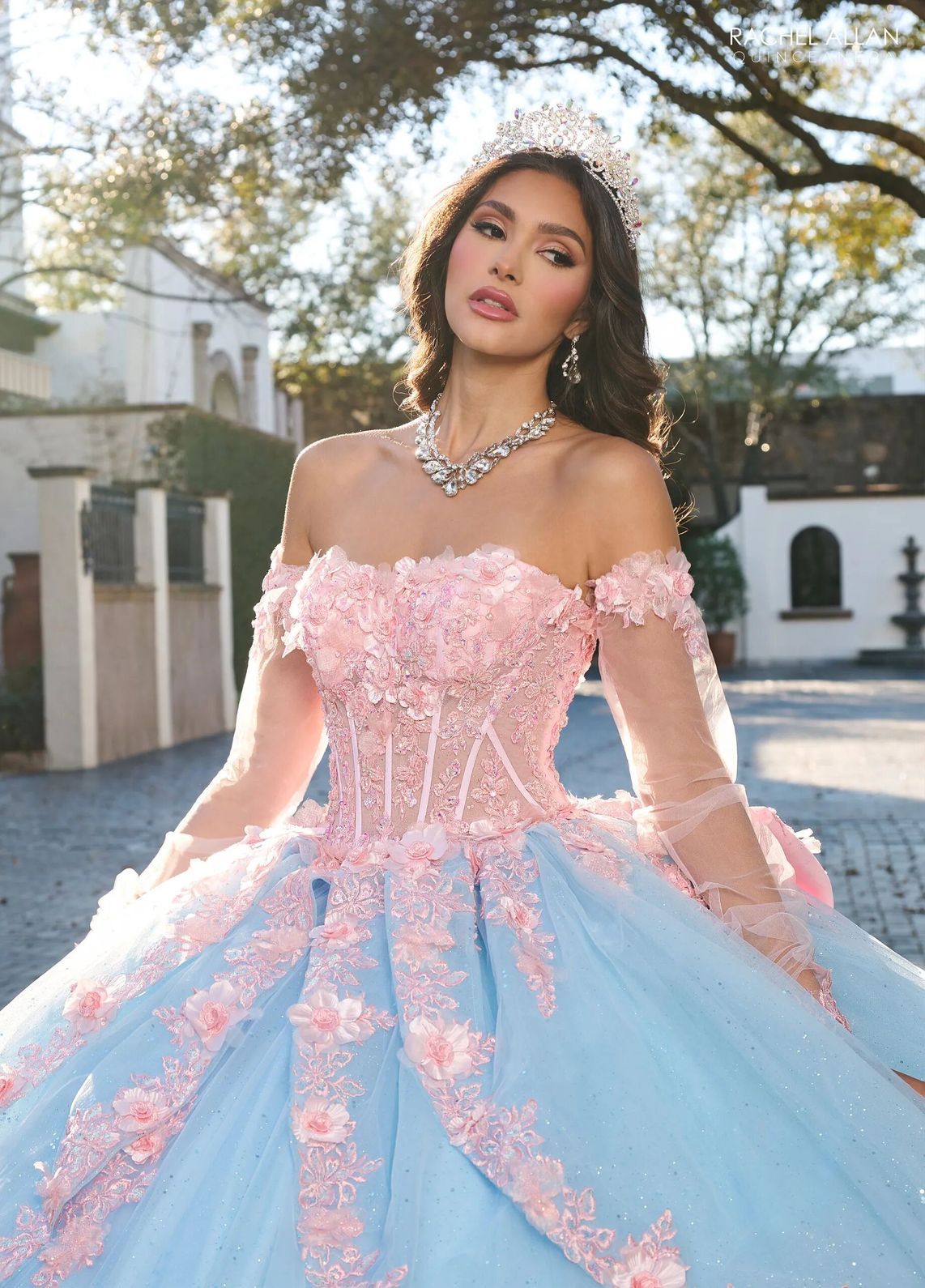 Pink Light Blue Off the Shoulder Floor Length Glitter Tulle Quinceanera Ball Gown with Floral Applique Rachel Allan RQ2196