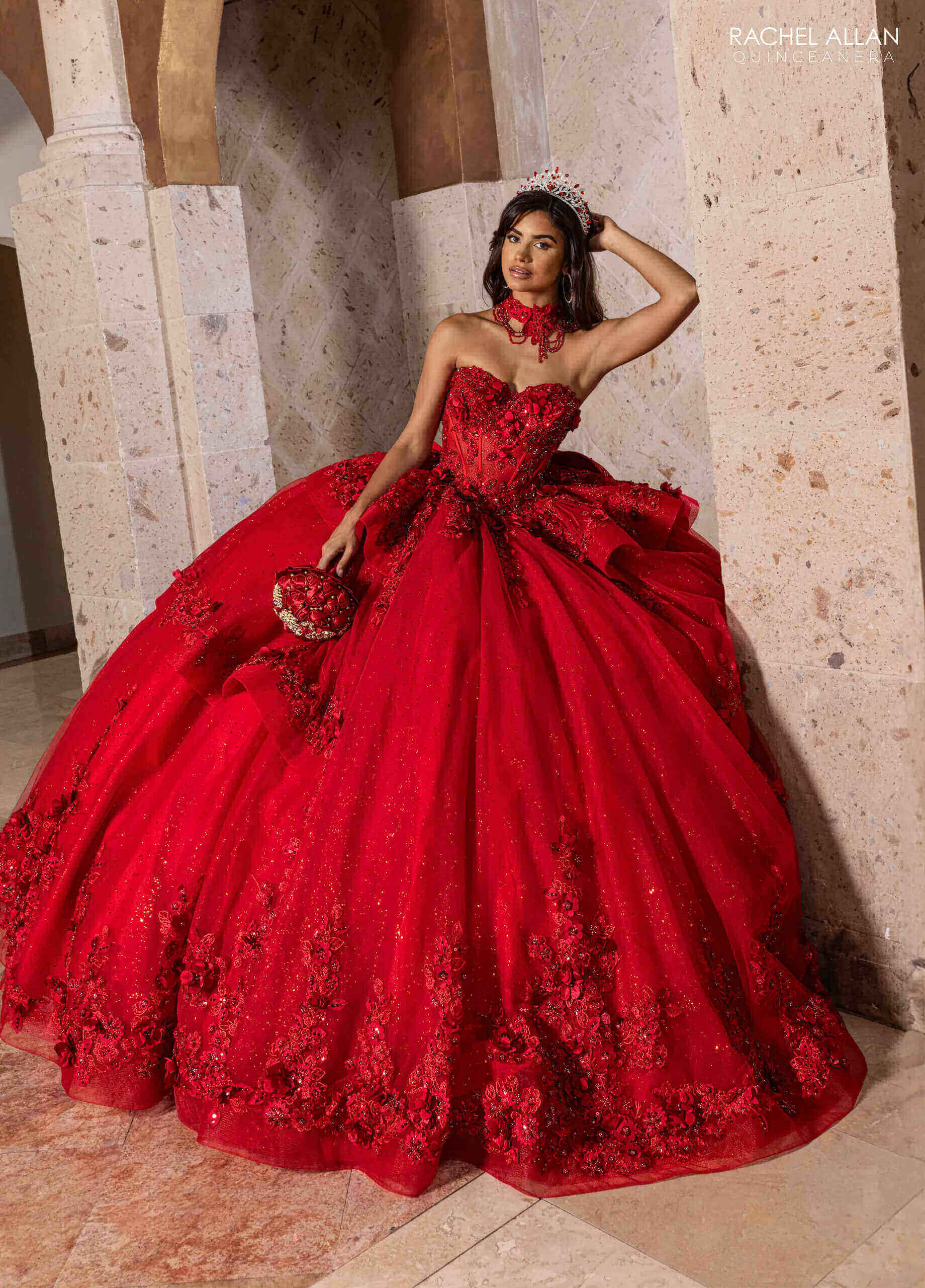Deep Red Sweetheart Floor-Length Glitter Tulle Quinceanera Ball Gown with Sheer Corset Bodice Rachel Allan RQ2241