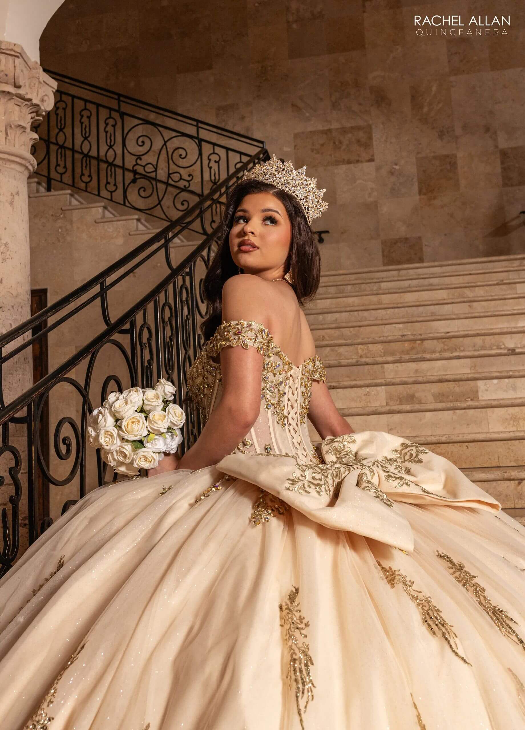 Champagne Gold Off the Shoulder Floor Length Glitter Tulle Quinceanera Ball Gown Rachel Allan RQ2247