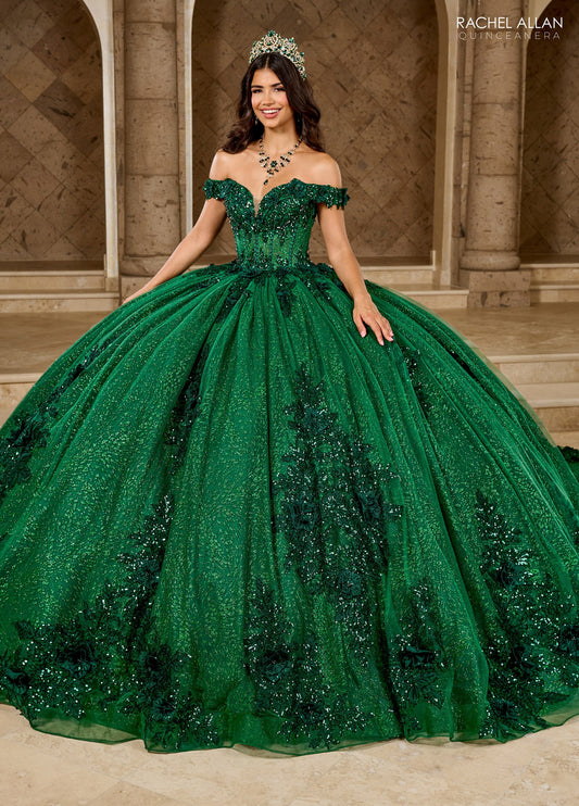 Quinceniera Dresses Long Ball Gown Glitter 3D Floral Quinceanera Dress Emerald