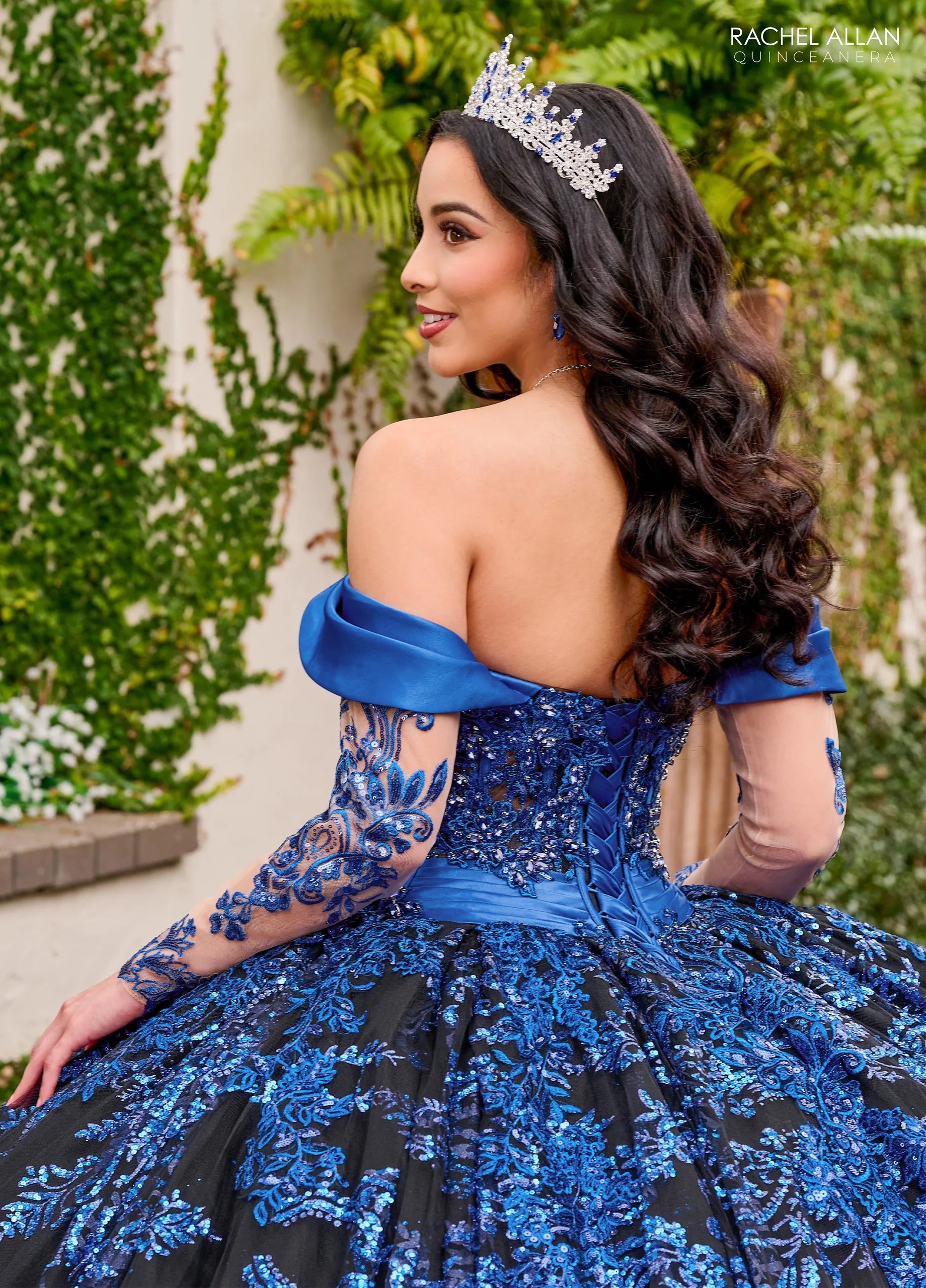 Black Royal Off the Shoulder Floor Length Glitter Tulle Quinceanera Ball Gown with Embroidered Applique Rachel Allan RQ2194