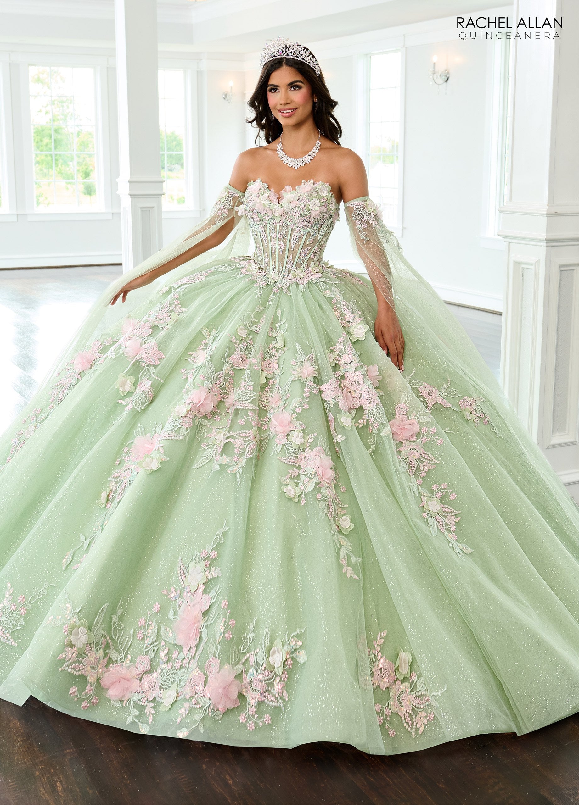 Quinceniera Dresses Ball Gown Glitter Long Floral Quinceanera Dress  Sage Pink
