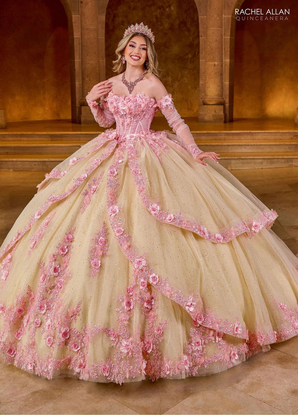 Off the Shoulder Floor Length Glitter Tulle Quinceanera Ball Gown with Floral Applique Rachel Allan RQ2196