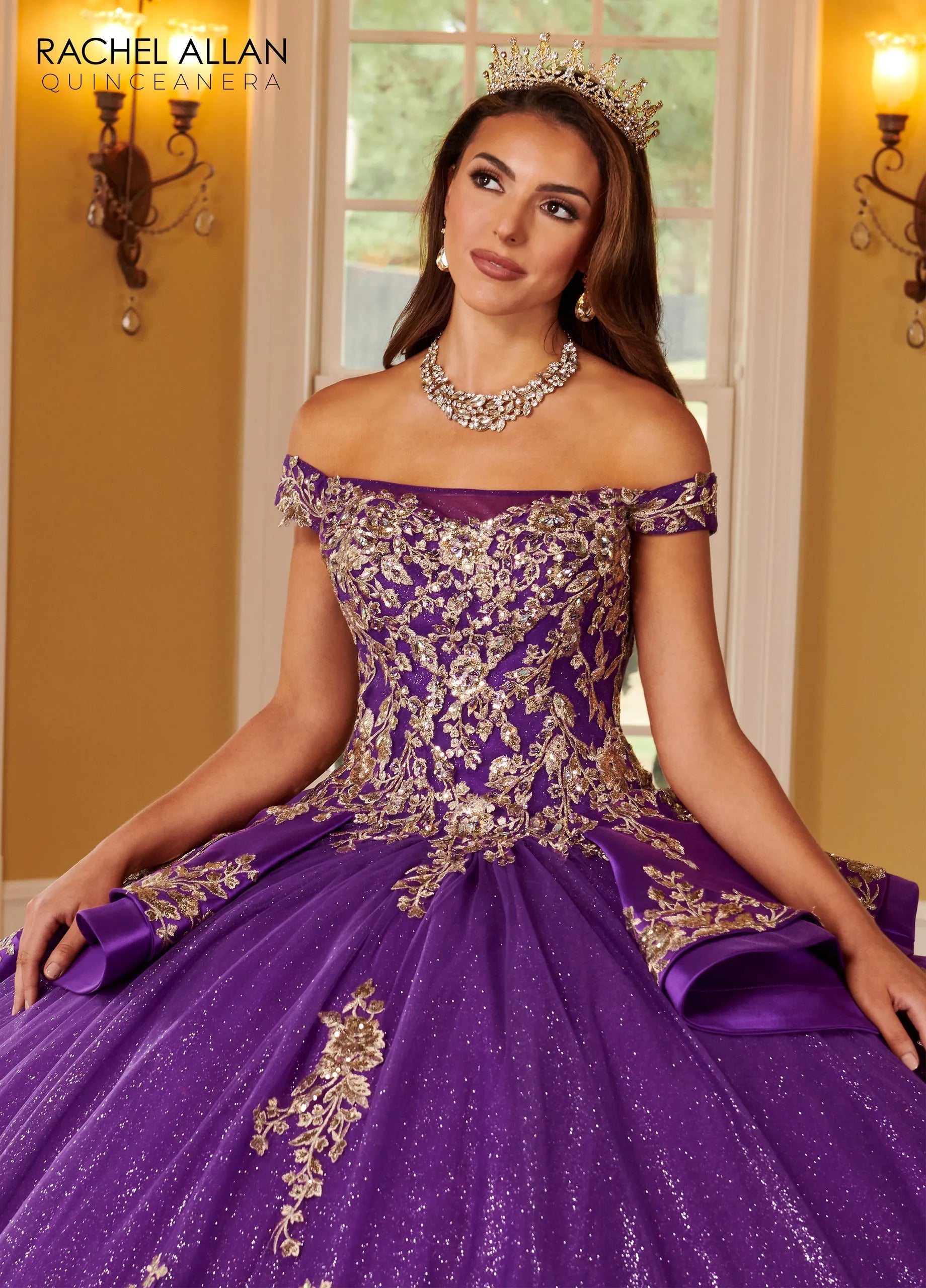 Purple Gold Off the Shoulder Floor Length Glitter Tulle Quinceanera Ball Gown with Mikado Skirt Rachel Allan RQ2162