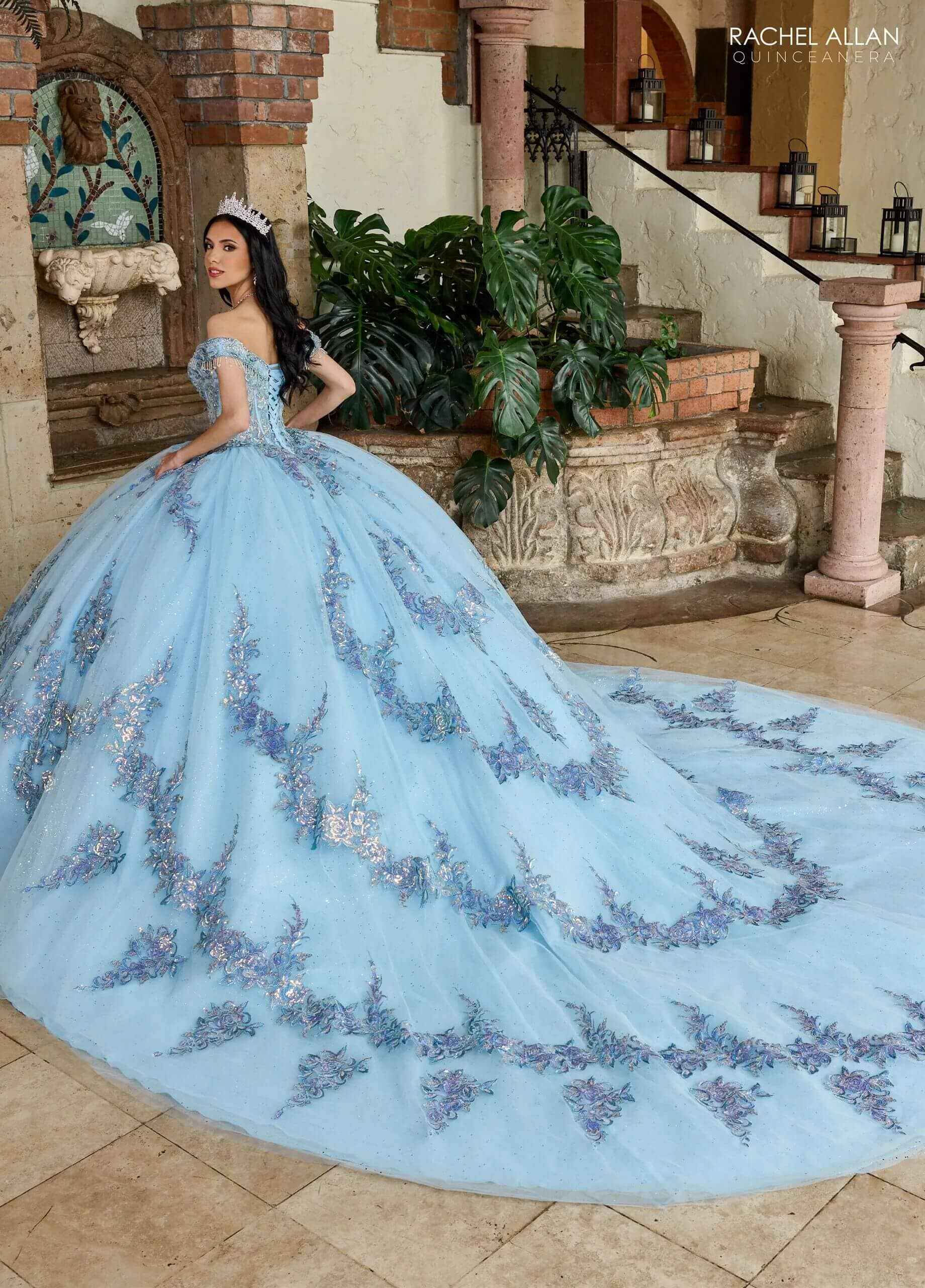 Light Blue Off the Shoulder Floor-Length Glitter Tulle Quinceanera Ball Gown with Embroidered Appliqué Train Rachel Allan RQ2205
