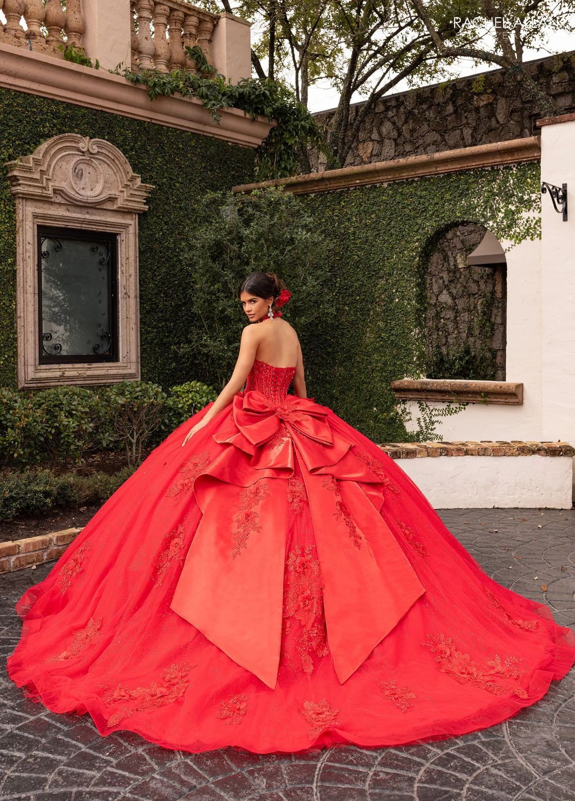Red Sweetheart Floor Length Glitter Tulle Quinceanera Ball Gown with Floral Applique Rachel Allan RQ3156