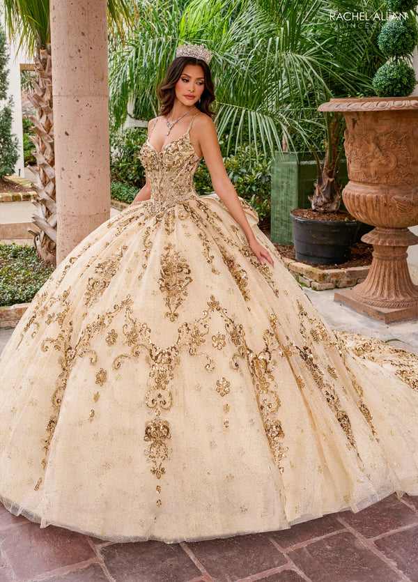 Sweetheart Floor Length Glitter Tulle Quinceanera Ball Gown with Metallic Appliques Rachel Allan RQ2202