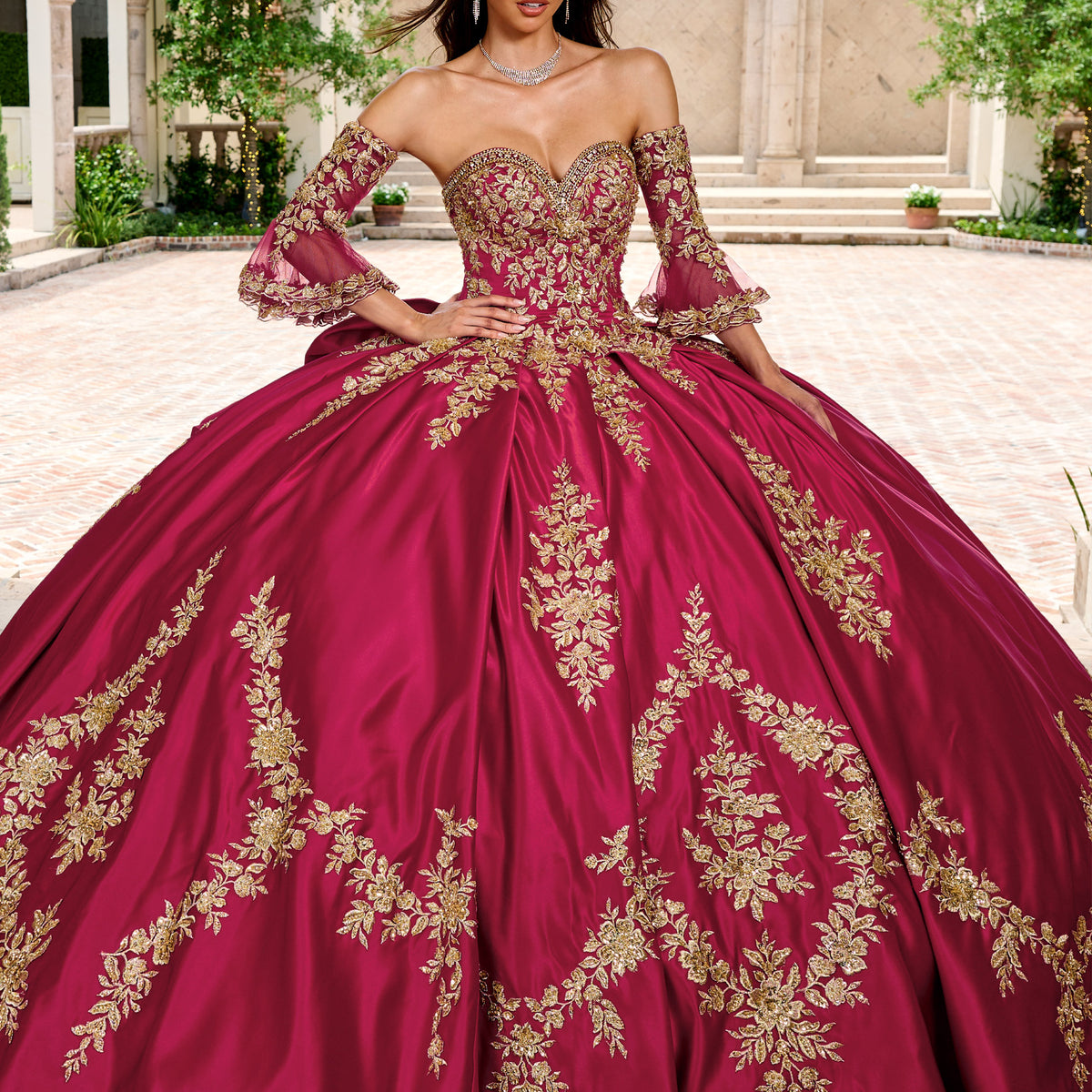 quinceanera dresses red and gold Elegant 15 Red Gold Rachel Allan RQ5001 Long Ruffle Ball Gown A detachable bow is in the back. Red Quinceanera Dresses Couture